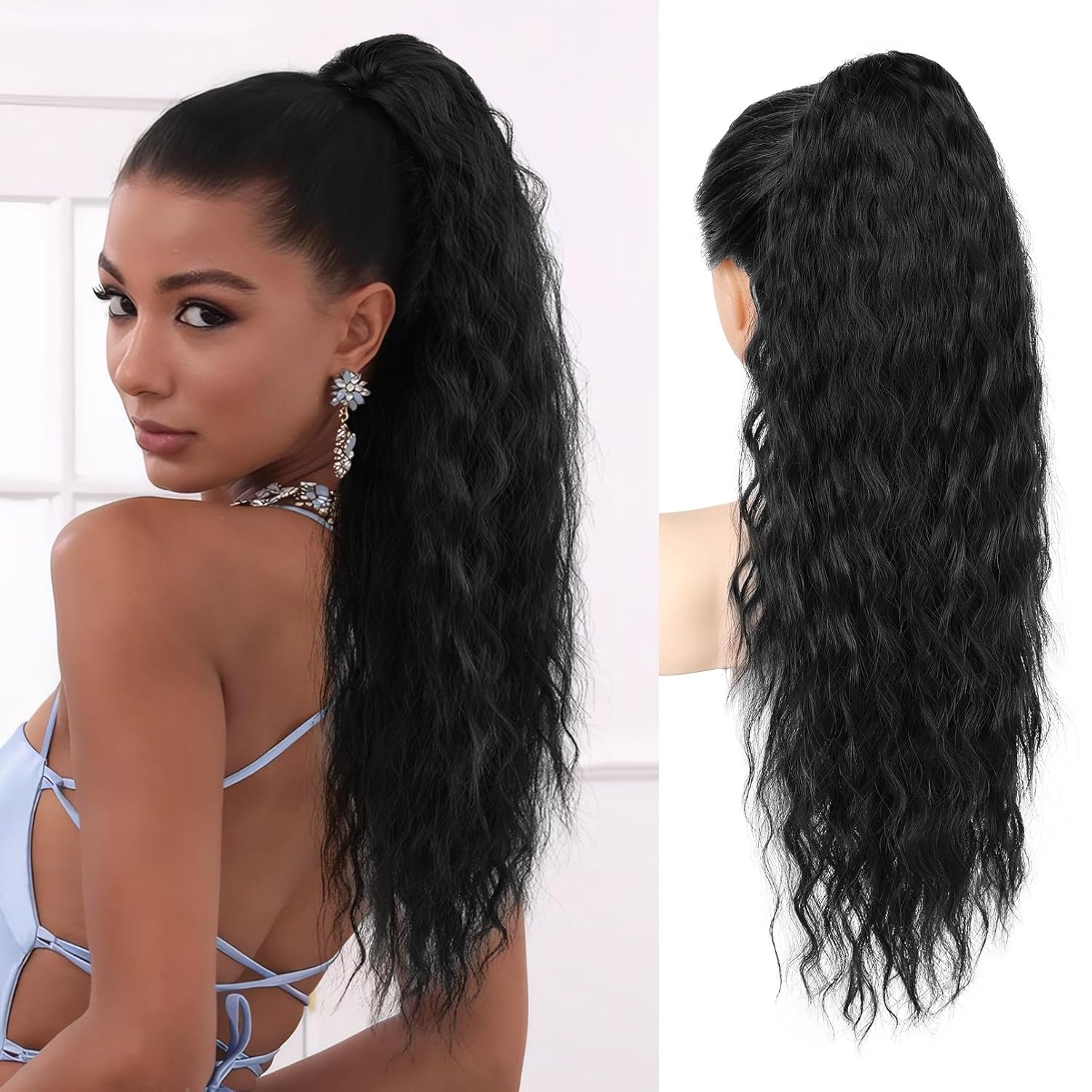 LONAI Ponytail Extension, 24” Curly Claw Clip Ponytail Extensions, Pony Tail Clip in Hair Extensions for Women, Natural Looking Synthetic Hairpiece for Women (Black)