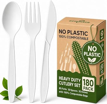 180-Count Compostable Utensils Set - Heavy Duty BPI Certified, Plastic-Free Disposable Forks, Spoons, Knives Set for BBQ, Camping, Events - Plant-Based No Plastic Cutlery