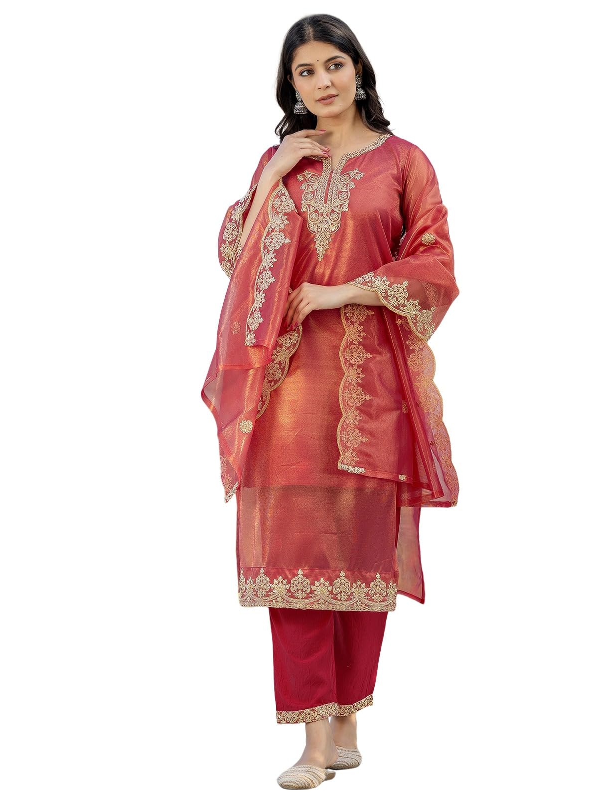 Sanisa Women's Shimmer Net Embroidery And Sequins Work Straight Kurta With Pant And Dupatta Set (227Kbd2403N-L_Rani Pink & Golden)