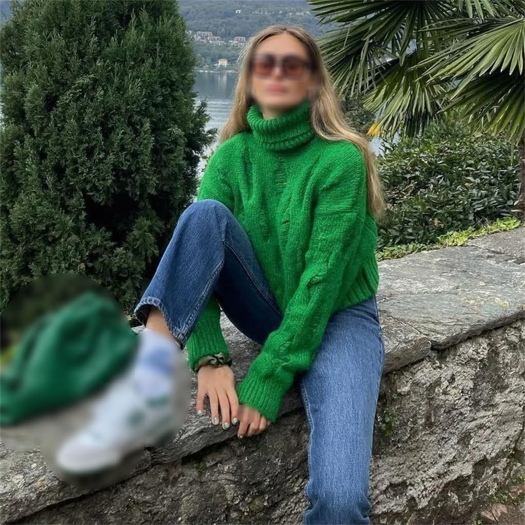 Street Beat Broken Hole Design Turtleneck Sweater Women Short Knit Sweater