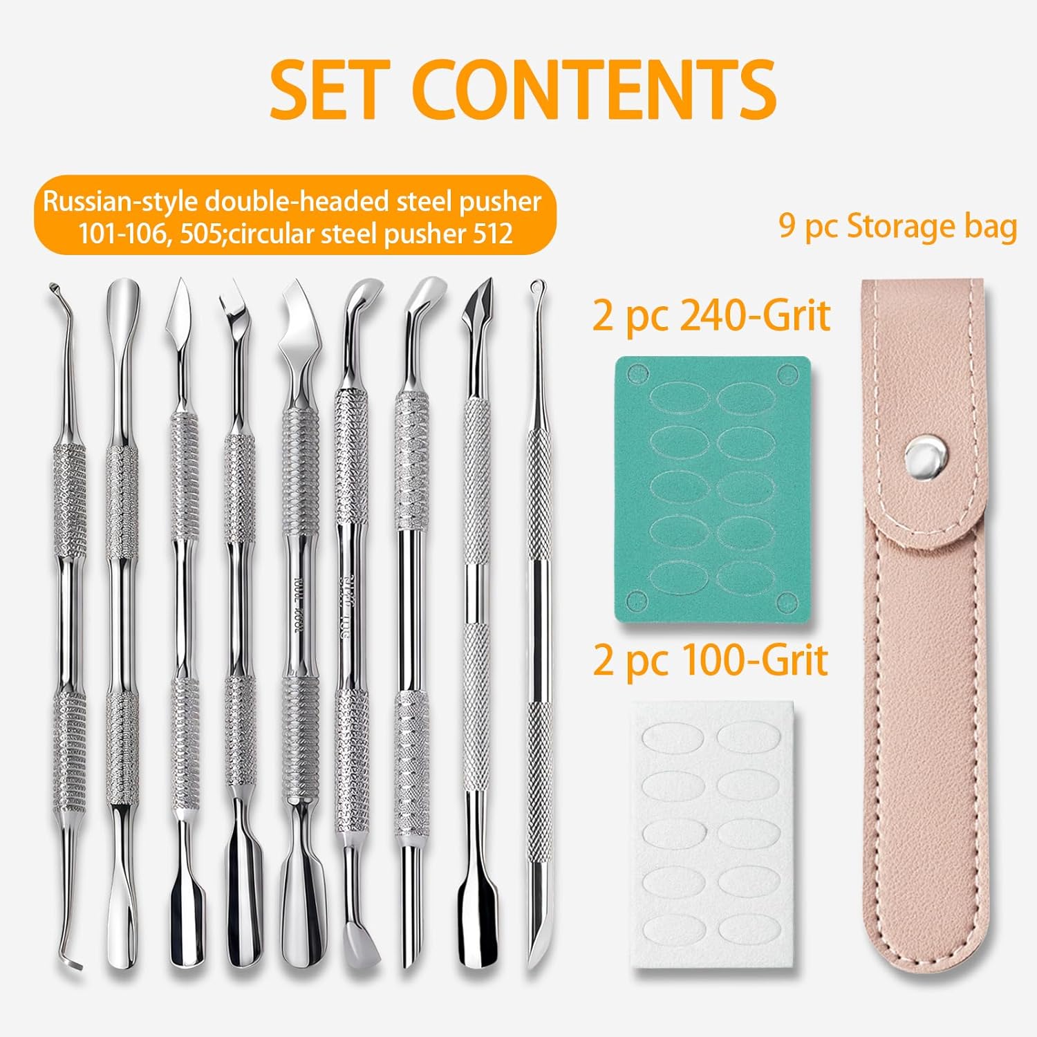 Dual Ended Loop Cuticle Pusher & Cuticle Remover Pre-Treatment Stainless Steel Manicure Nail Tool with 100#/240# Grit Professional Pedicure Care with Storage Bags (Set)