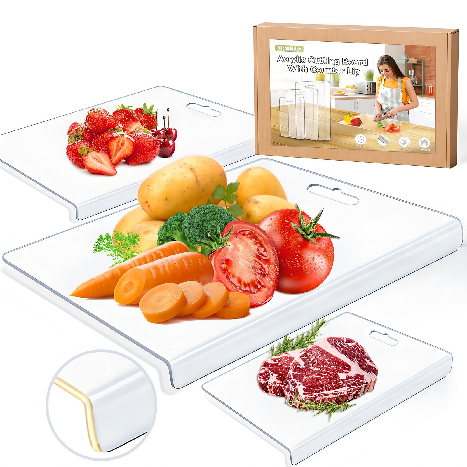 Acrylic Cutting Board With Counter Lip, 3pcs Clear Cutting Board For Countertop, Comes With Non Slip Silicone Dots That,Cutting Board Set, Kitchen Gadgets, House Warming Gifts New Home