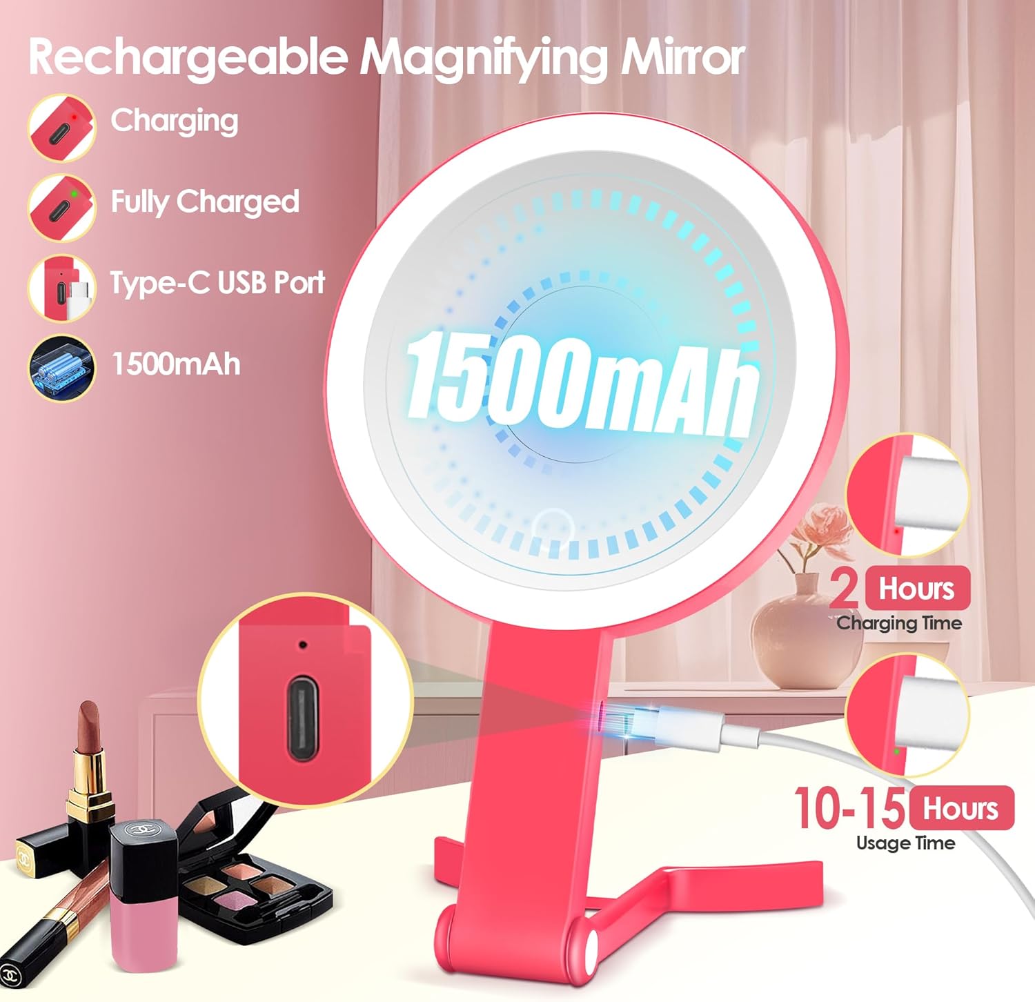 MIYADIVA Magnifying Mirror with Light, Double Sided 30X/1X Lighted Travel Makeup Mirror with Magnification, 3 Color Lighting, Dimmable Touch Screen, Adjustable & Foldable Hand Mirror (Pink)