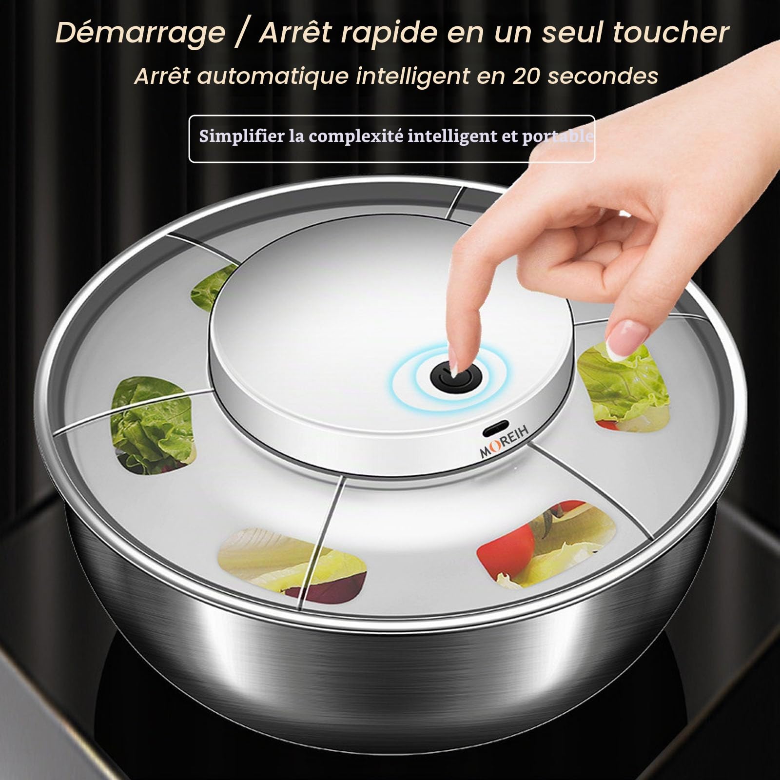Essoreuse à salade électrique, 4,8L Essoreuse à laitue de grande capacité Rotateur de salade en acier inoxydable Séchoir à légumes Lave-fruits Nettoyant pour laitue Panier de drainage