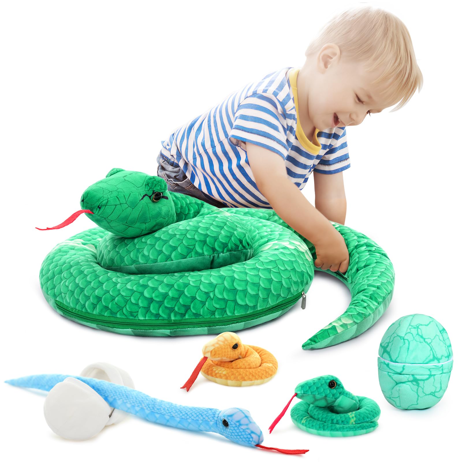 MorisMos Serpiente de Peluche XXL con Bebe en el Vientre, 140 cm de Largo Gran Serpiente Juguetes de Peluche Animales Realista, Regalo para Niños Niñas Cumpleaños Navidad