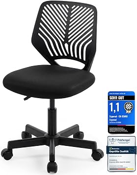 Ergonomischer Bürostuhl ohne Armlehne, Bürostuhl mit Rollen & Höhenverstellung, Bürostuhl Cozy mit Ergonomischer Rückenlehne, Homeoffice/Arbeitszimmer/Studienzimmer (Tiefe Schwarz)