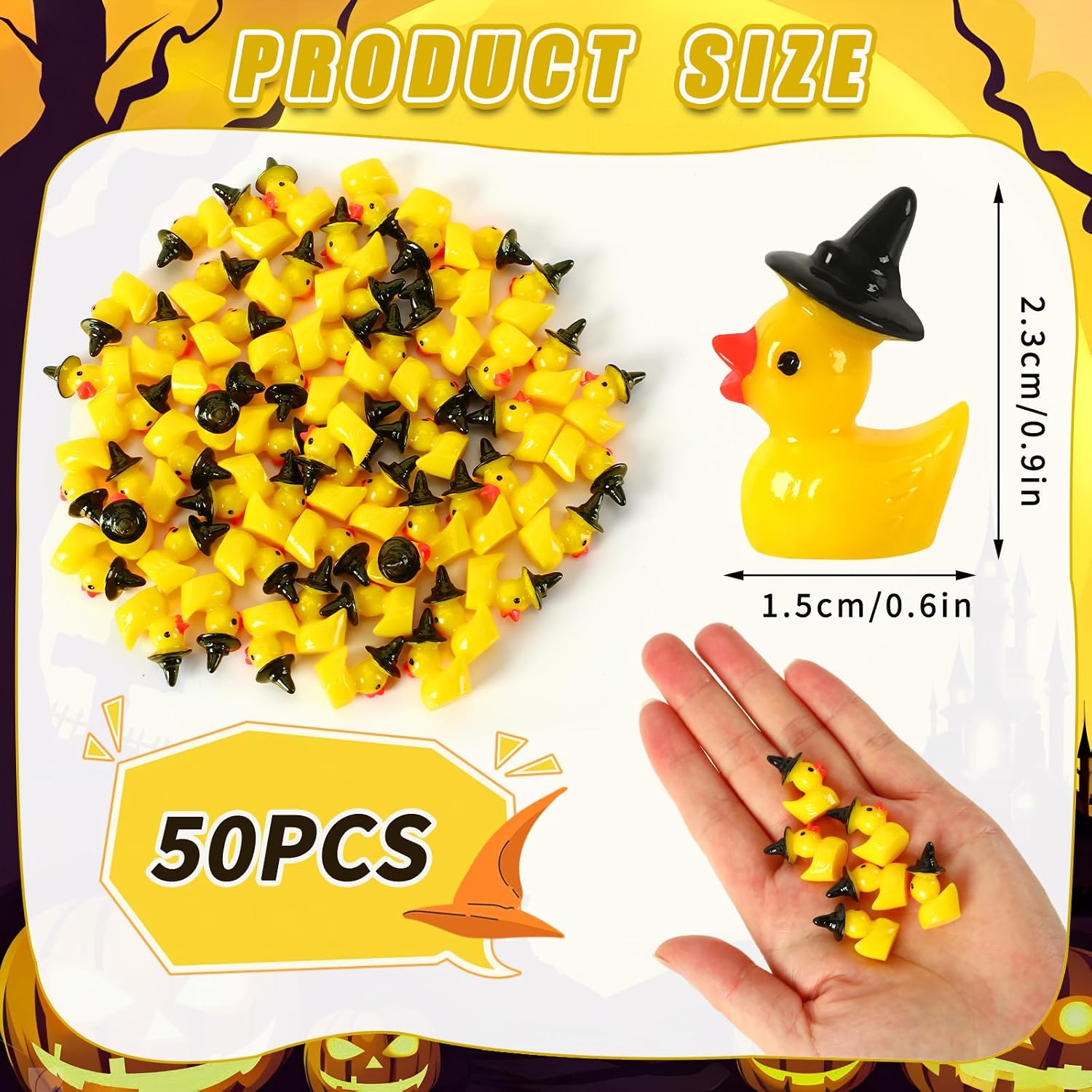 JUNEBRUSHS 50 Pcs Halloween Mini Resin Duck, Tiny Witch Ducks Miniature Witch Hat Duck Figurine for Halloween Crafts Home Table Decorations image 2