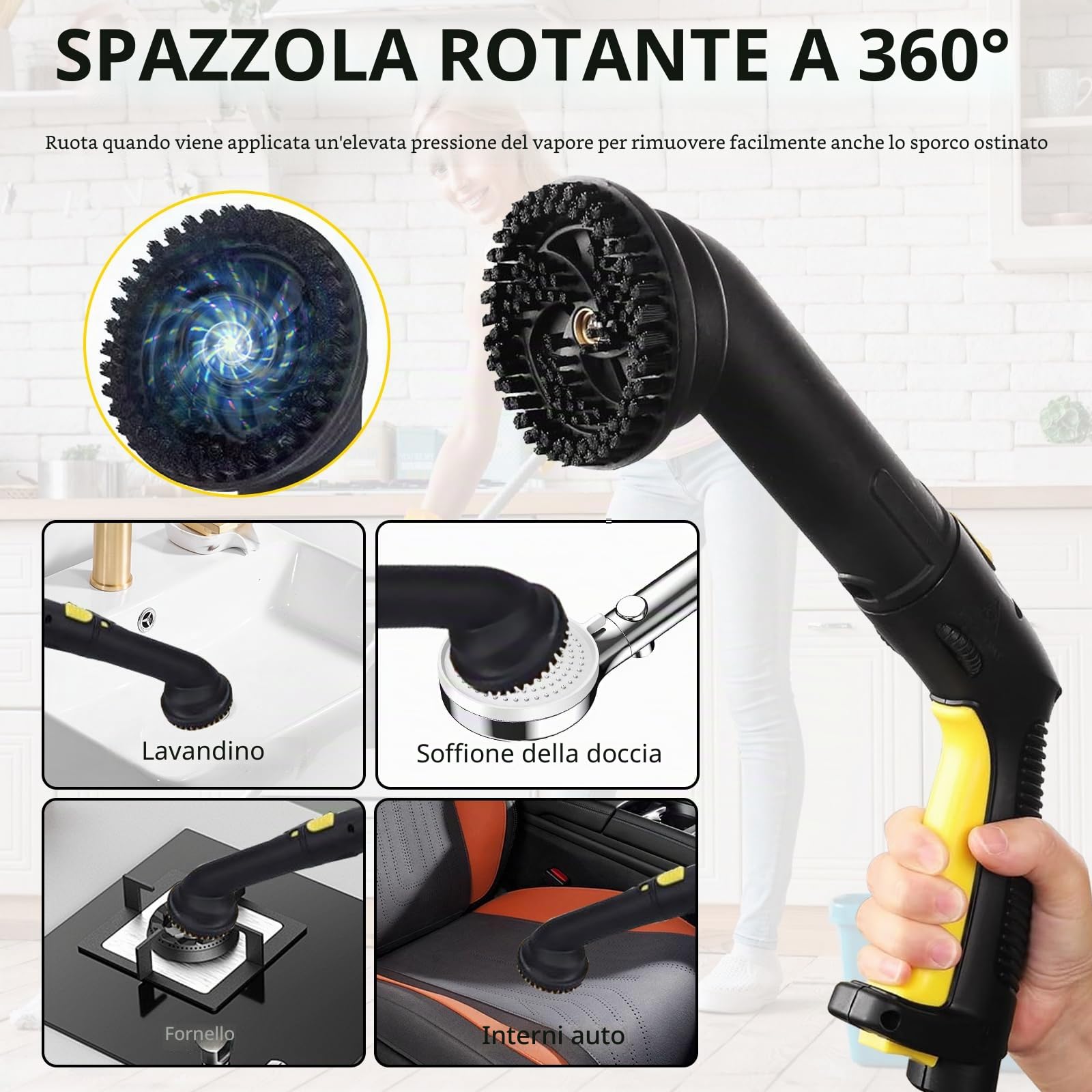 Pulitore a Vapore 2100 W con 29 Accessori, Serbatoio 2,1 L, Pressione 5 bar, Kit Pavimenti & Ugelli, Allarme Acqua Bassa, per Tappeti, Piastrelle, Vetri, Pavimenti (Nero)
