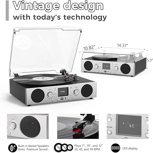 Miniatura 4 de VinylsLink - Tocadiscos con altavoces integrados, tocadiscos accionados por correa, soporte de 3 velocidades, radio FM y recepción Bluetooth, salida