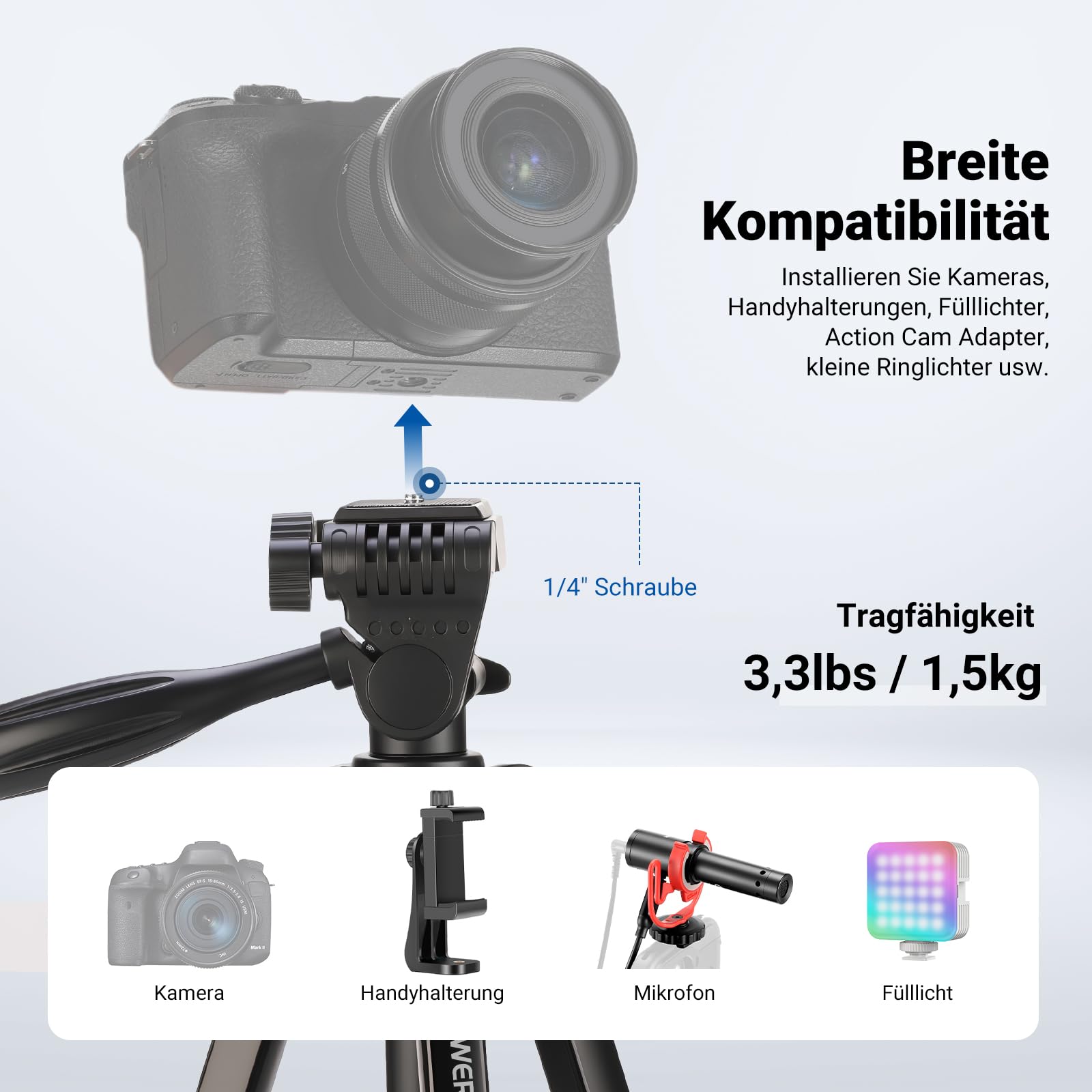 NEEWER Entry Level Version Stativ für Handy & Kamera, Metall Leichtes Tragbares Reisestativ mit Cold Shoe Handyhalterung Kompatibel mit iPhone für Videoaufnahmen, TP53