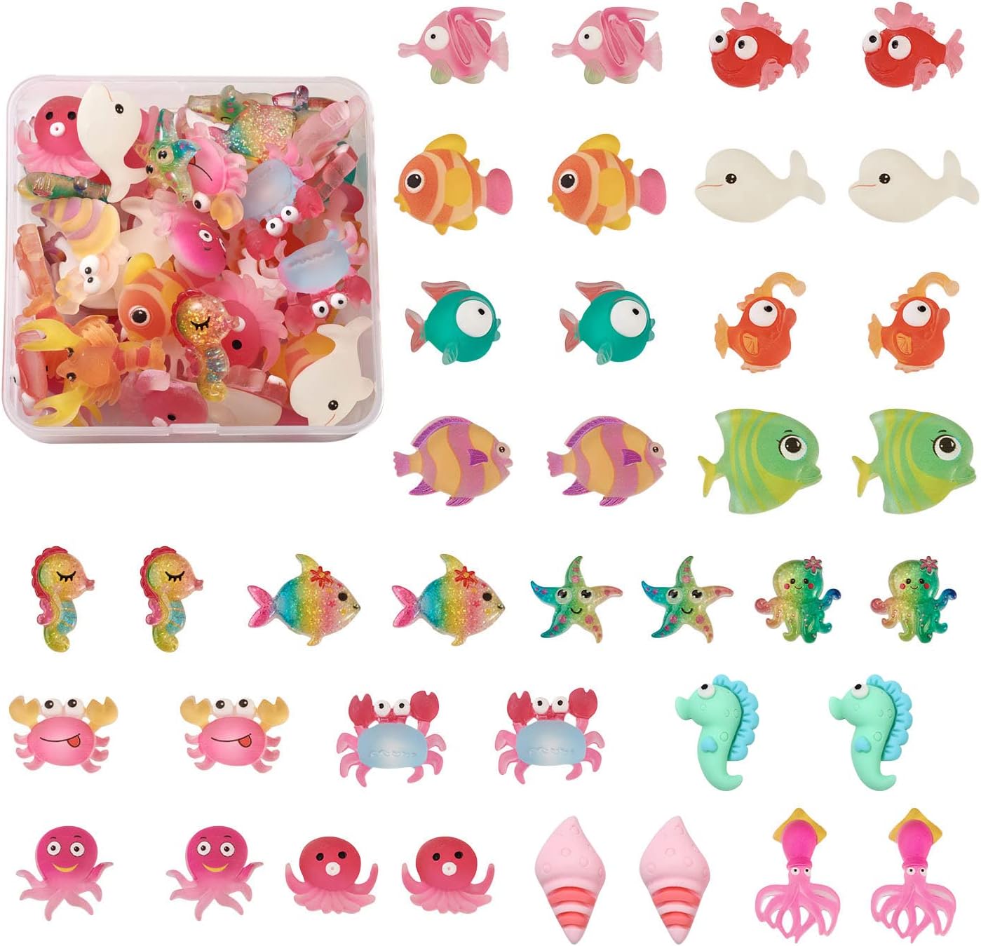 Craftdady 109pcs Ocean Animal Theme Resin Cabochons Fish Crab Octopus Cray Starfish Sea Horse Flatback Beads Charms Embellishments Undrilled for Scrapbooking DIY Jewelry Crafts