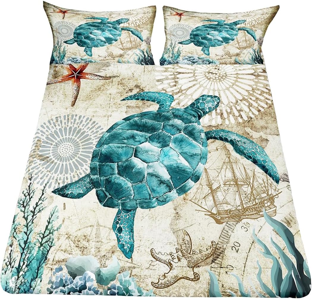 Sea Turtle Bedding Set, Ocean Beach Themed 4-Piece Sheet Set - Retro Tortoise Print, Fitted & Flat Sheets, 2 Pillowcases, Full Size