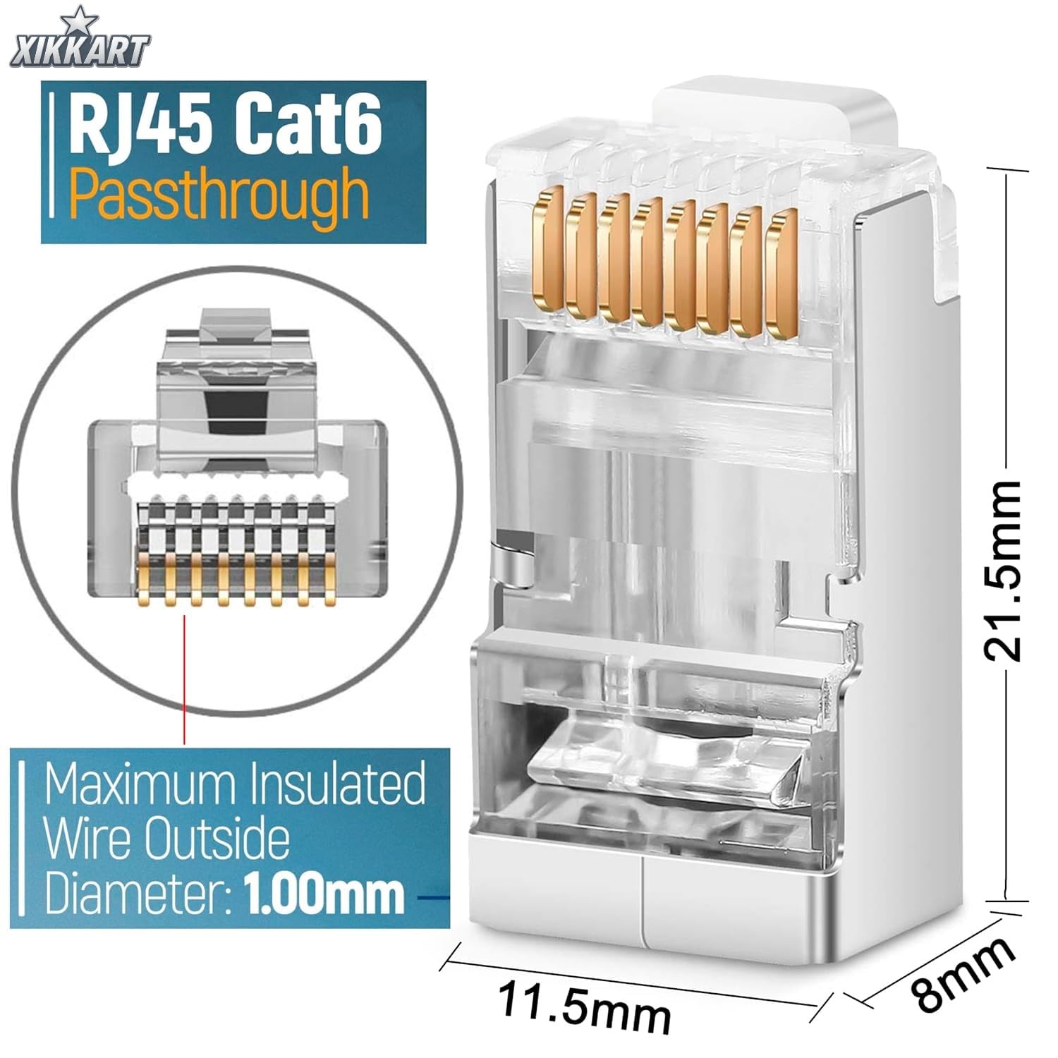 XIKKART Cat6 RJ45 Pass Through Connectors (100 Pack) | Gold-Plated Modular Plugs for Solid & Stranded Ethernet Cable | Easy Crimp Network Plug for Cat6, Cat5e, Cat5 LAN Cable | (100-Pcs) — Amazon image 2