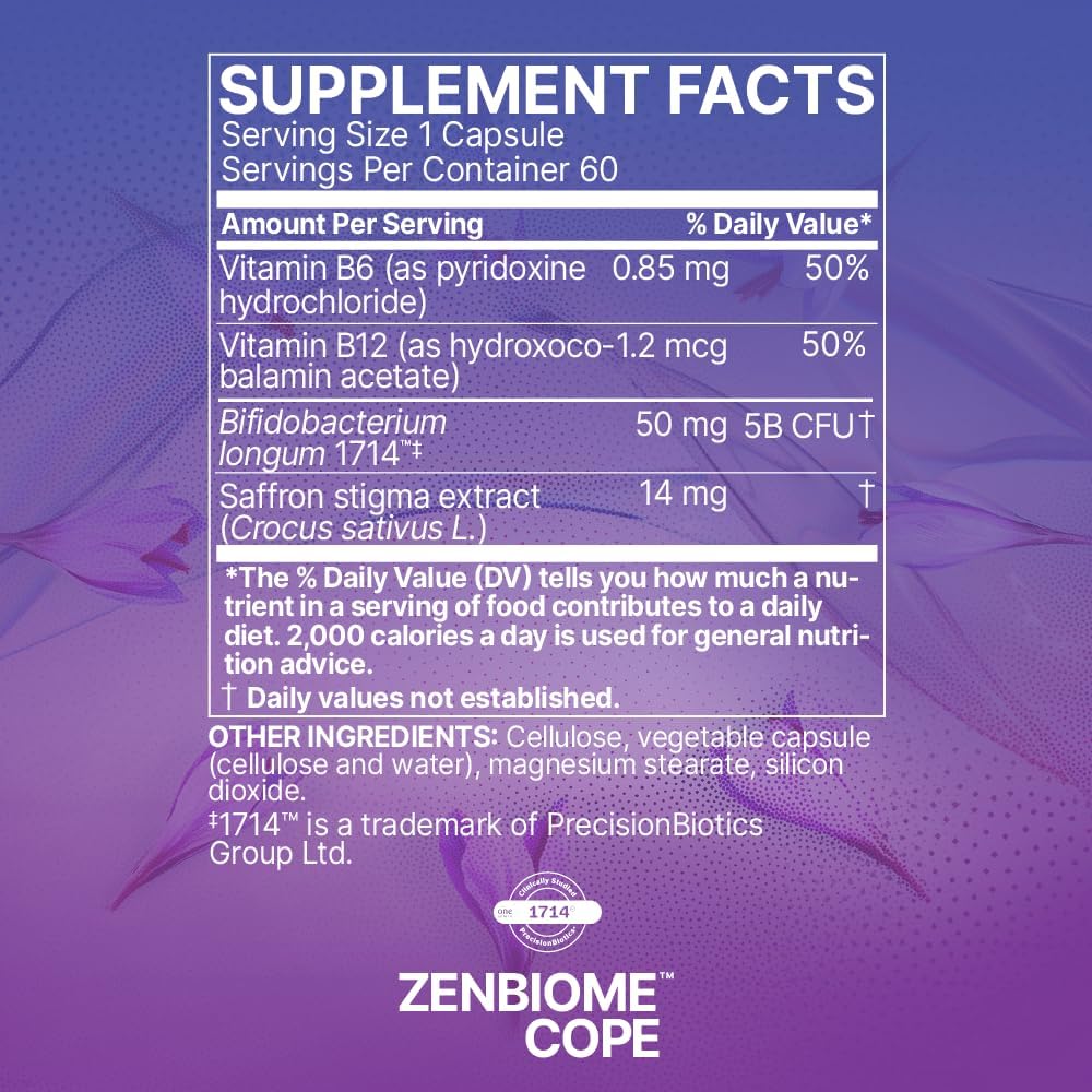 Microbiome Labs Zenbiome COPE - Probiotic Mood Support Supplement with Vitamin B6, B12 & Saffron Extract - Gut Health Probiotics for Women & Men - Support The Gut-Brain Axis (60 Capsules)