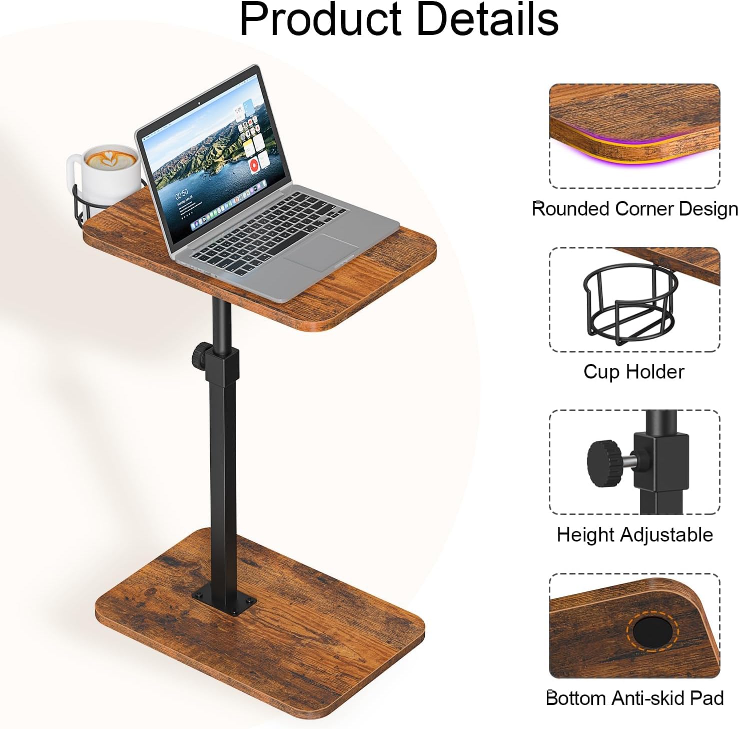 Swivel TV Tray Table Height Adjustable Sofa Armrest Side Table Rustic Brown