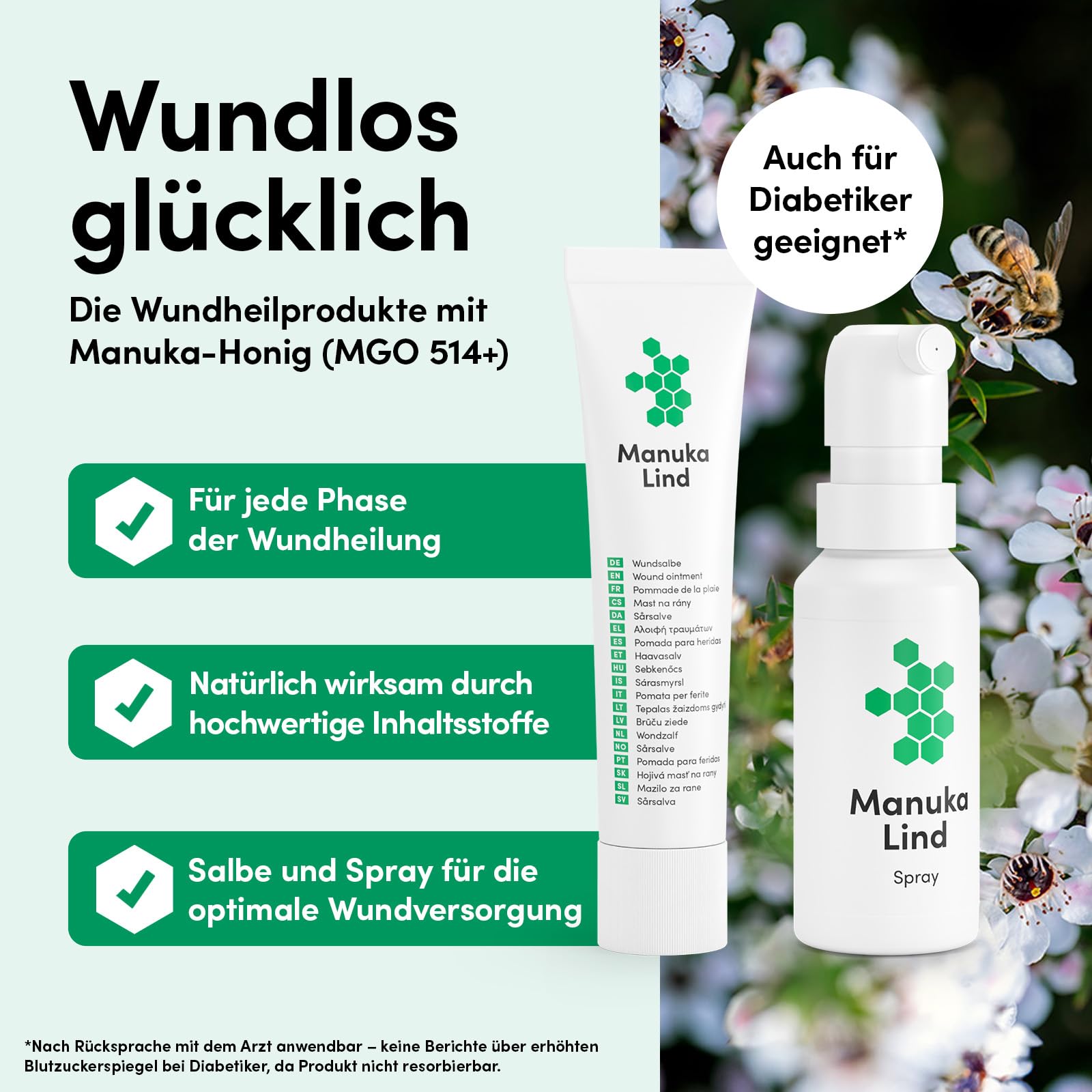 Set: 1x Wundheilspray (30ml) + 2x Wundheilsalbe (15g) | Reinigt die Wunde & unterstützt die Heilung – mit Manuka-Honig (MGO 514+) - für alle Wundphasen – auch bei schweren Wunden
