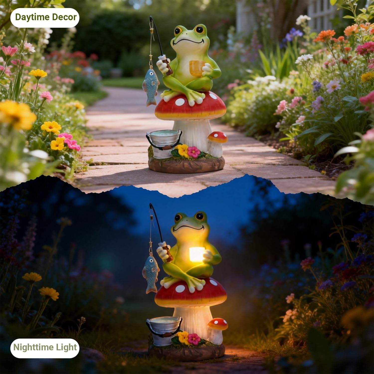 Solar Frog Garden Statue Outdoor Decor – Funny Fishing Frog Sitting on Mushroom, Gardening Gifts for Women, Mom, Grandma, Birthday, Housewarming, Christmas, Resin, 8.27" H