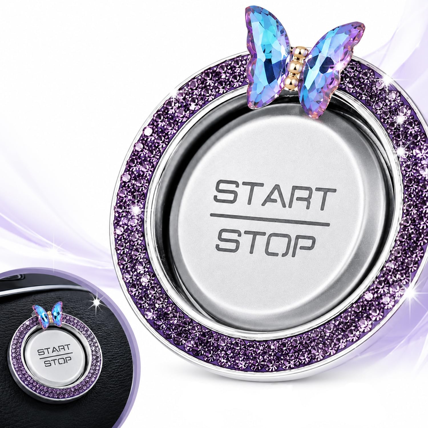 Bling Car Engine Start Stop Button Ring Cover, Crystal Rhinestone Butterfly Push Start Ignition Button Decoration Trim, Luxury Interior Accessories for Women, Universal Fit Auto Decor (Purple)