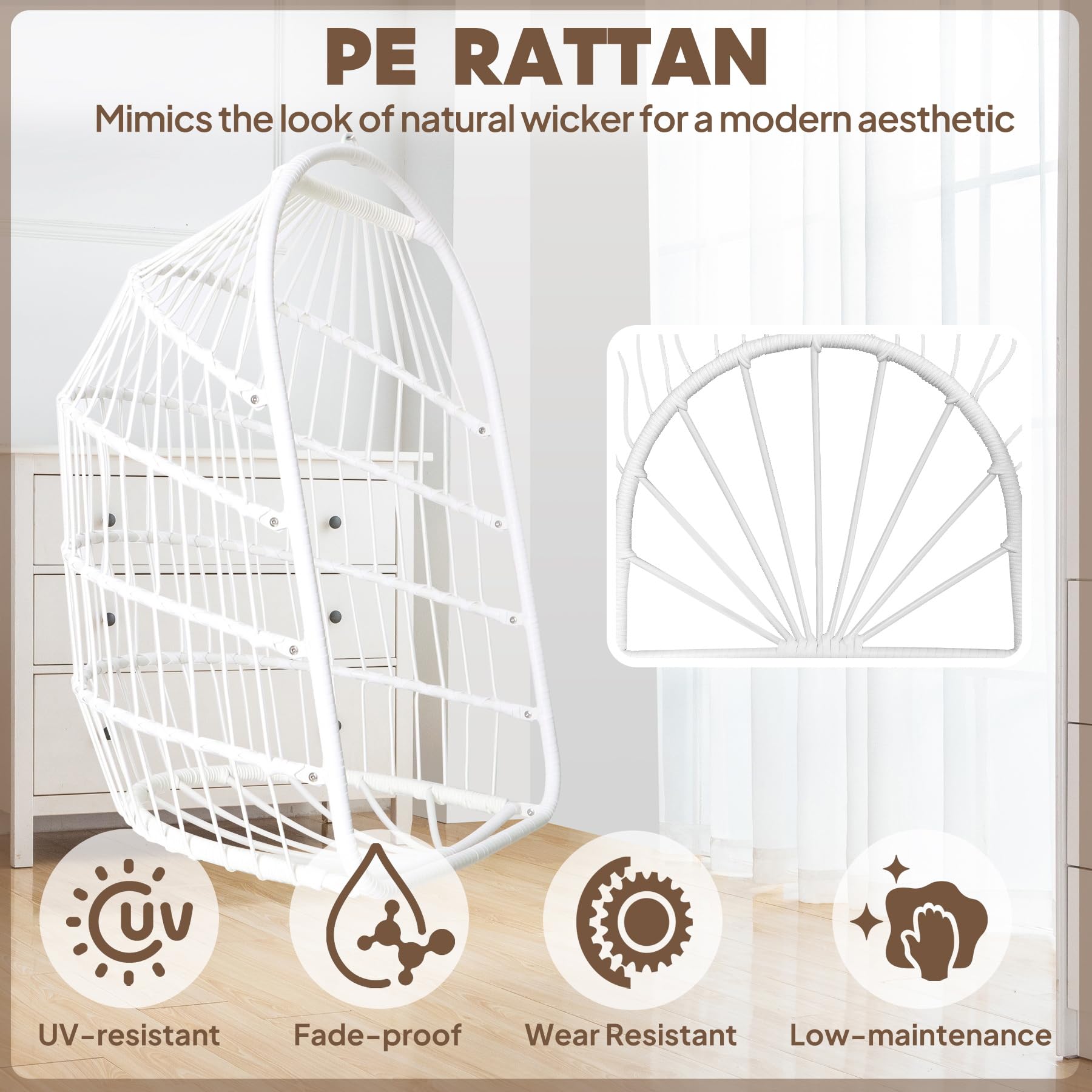 Sedia a Dondolo Pieghevole in Rattan per Interni ed Esterni - Vimini con Kit Appeso in Acciaio Inossidabile, Cuscino Resistente ai Raggi UV - Camera da Letto