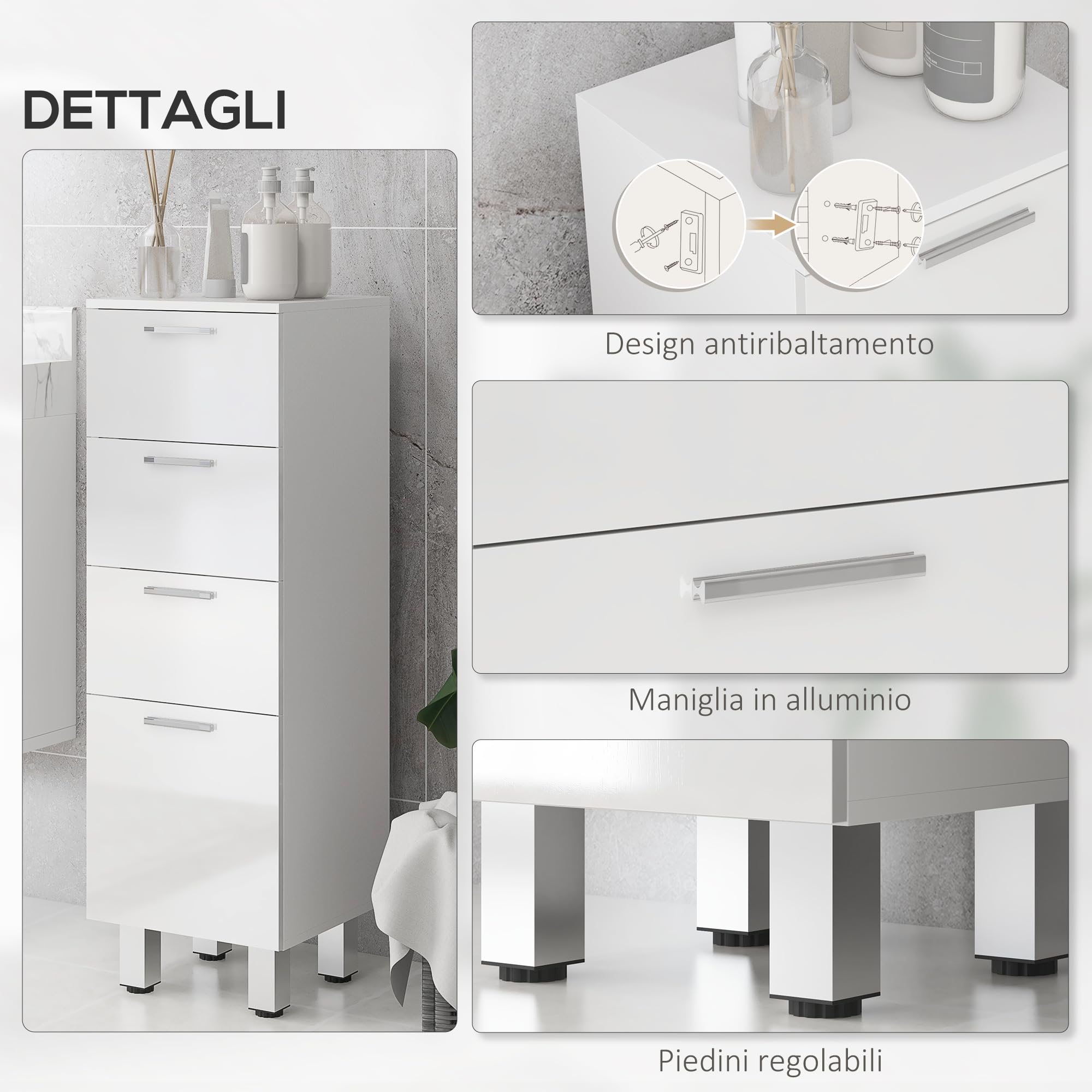 kleankin Mobile Bagno Salvaspazio con 4 Cassetti e Base Rialzata, Mobiletto da Bagno in Legno con Piedini, 30x30x93 cm, Bianco