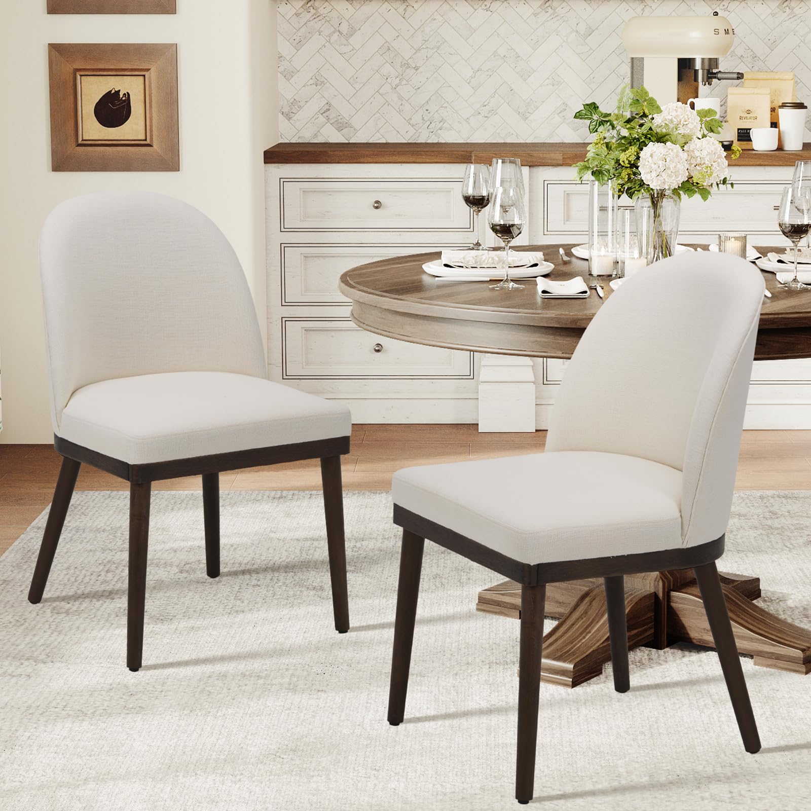 Upholstered Dining Chairs Set of 2, Large Dining Room Kitchen Chairs with High Back and Deep Seat, Modern Fabric Dinner Chairs with Wood Legs, Beige