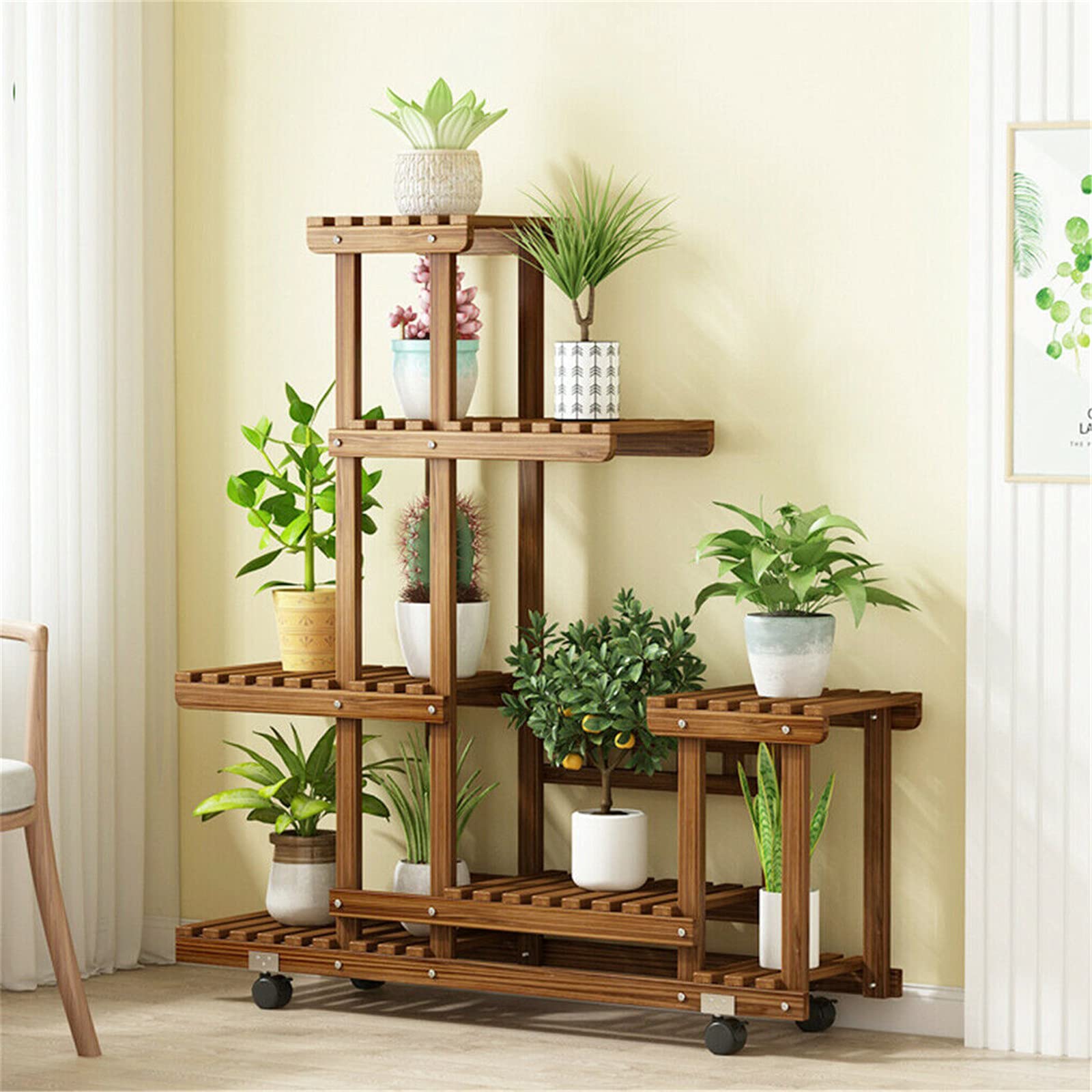 unho Estanteria para Macetas Ruedas Exterior Interior, Soporte para Plantas de Madera con 6 Niveles Estante Decorativo para Macetas para Oficina Jardín Patio Balcón Salón 95 × 25 × 102cm