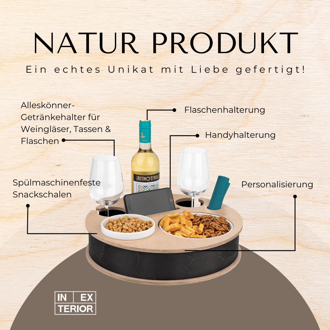 INEXTERIOR – Couchbar RundumBar handgefertigt aus Holz in Schwarz mit Wunschgravur – Runde Snack Box mit Zwei Snackschalen, Handy-, Flaschen- & Getränkehalter - Couchbutler Couchorganizer Tablett