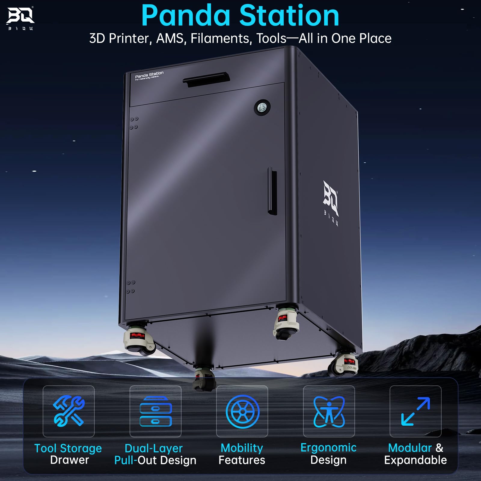BIQU Panda Station stacja robocza do drukarek 3D, zintegrowane filamenty/AMS/narzędzia do drukarek 3D Bambu-Lab P2/X2/P1/X1/A1, z kółkami Fuma z blokadą