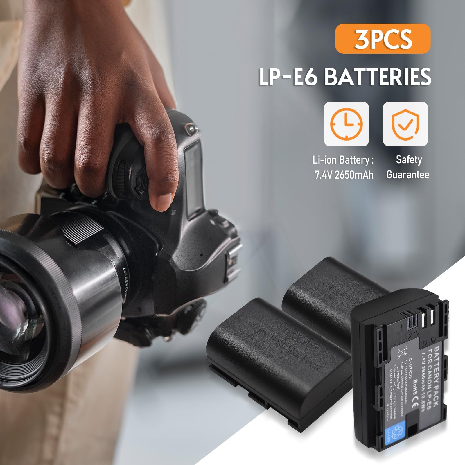 Andoer LP-E6 akumulator zamienny i zestaw ładowarki, ładowarka 3 gniazda + 3 akumulatory LP-E6 2650 mAh kompatybilne z Canon EOS 5D Mark II III IV/5DS/5DS R/6D/6D Mark II/7D Mark II/60D/70D/80D/90D