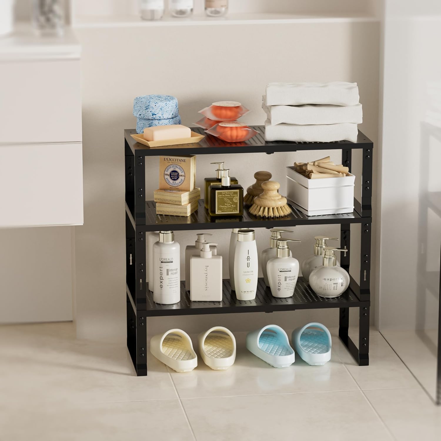 Expandable Spice Rack,Stackable Storage for Cabinet, Multi-Functional Kitchen Shelving,Height-Adjustable,Sustainable Organizer Solution(1Pack/Black/Medium)