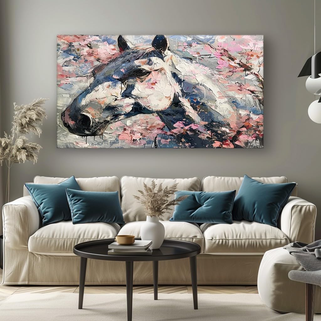MKBKLI Abstract Canvas Wall Art for Living Room Horse Cherry Blossom Paintings for Bedroom, Office, Kitchen - Home Decor Pictures, 60x120cm