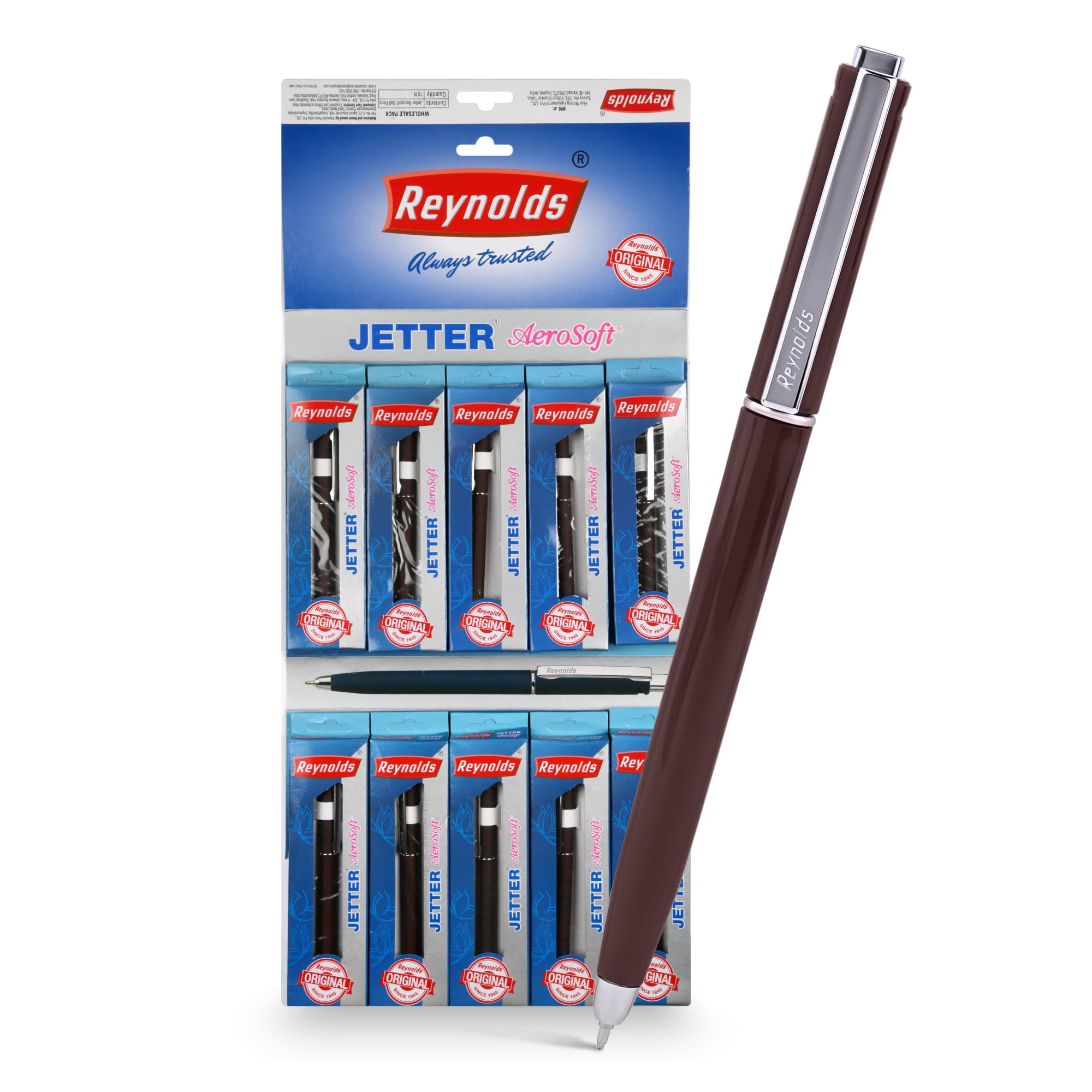 Reynolds JETTER AEROSOFT Ball Pen SET - 10 PENS BLUE | MULTI BODY COLOR BALL PEN WITH COMFORTABLE GRIP |BLUE BALL PENS FOR WRITING | PEN FOR PROFESSIONALS | 0.7 mm TIP SIZE