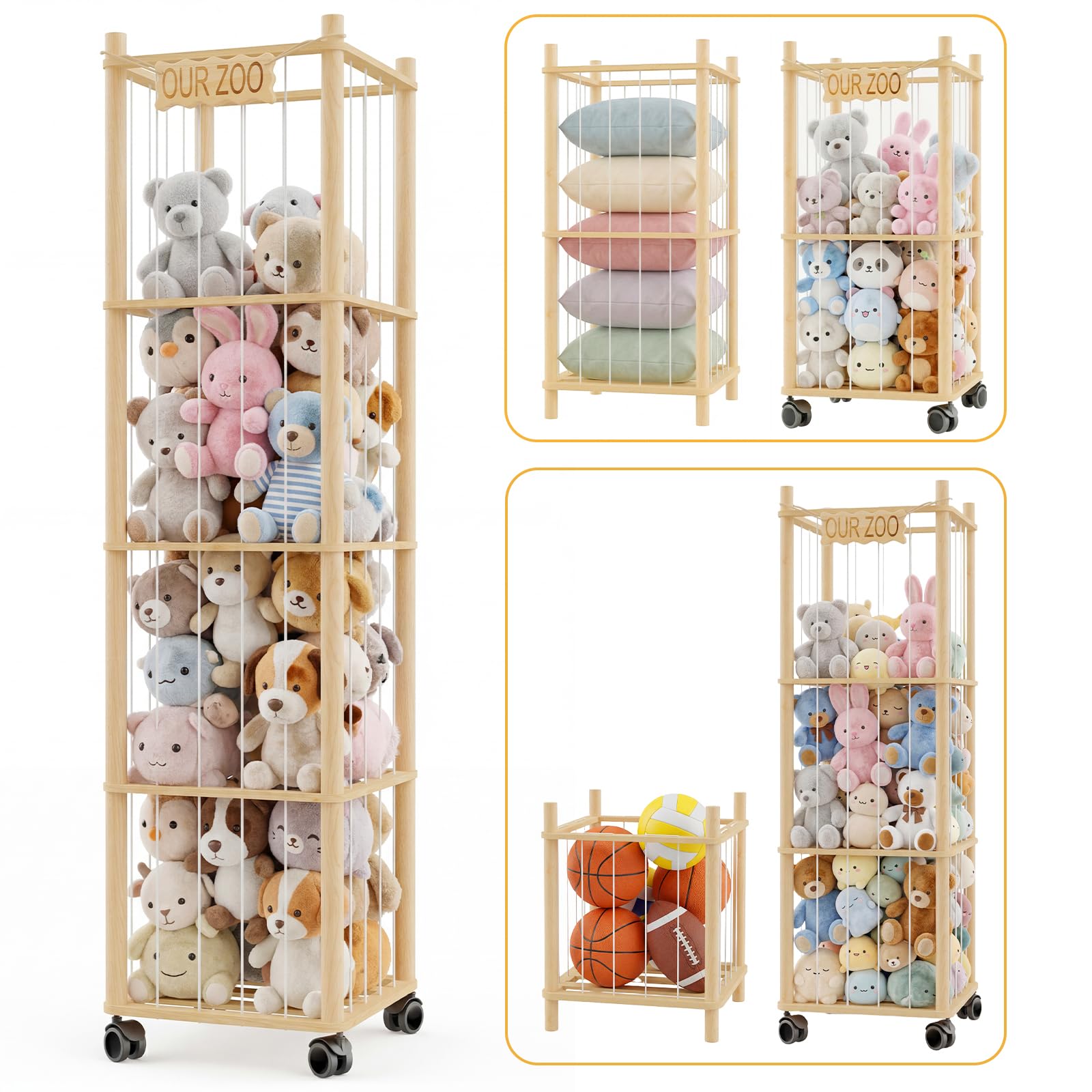 DIY Stuff Animal Storage Kit, Adjustable 1–4 Tier Stuffed Animal Organizer with Wheels, Large Plushies Storage for Playroom, Bedroom & Nursery, Designed for Growing Toy Collections