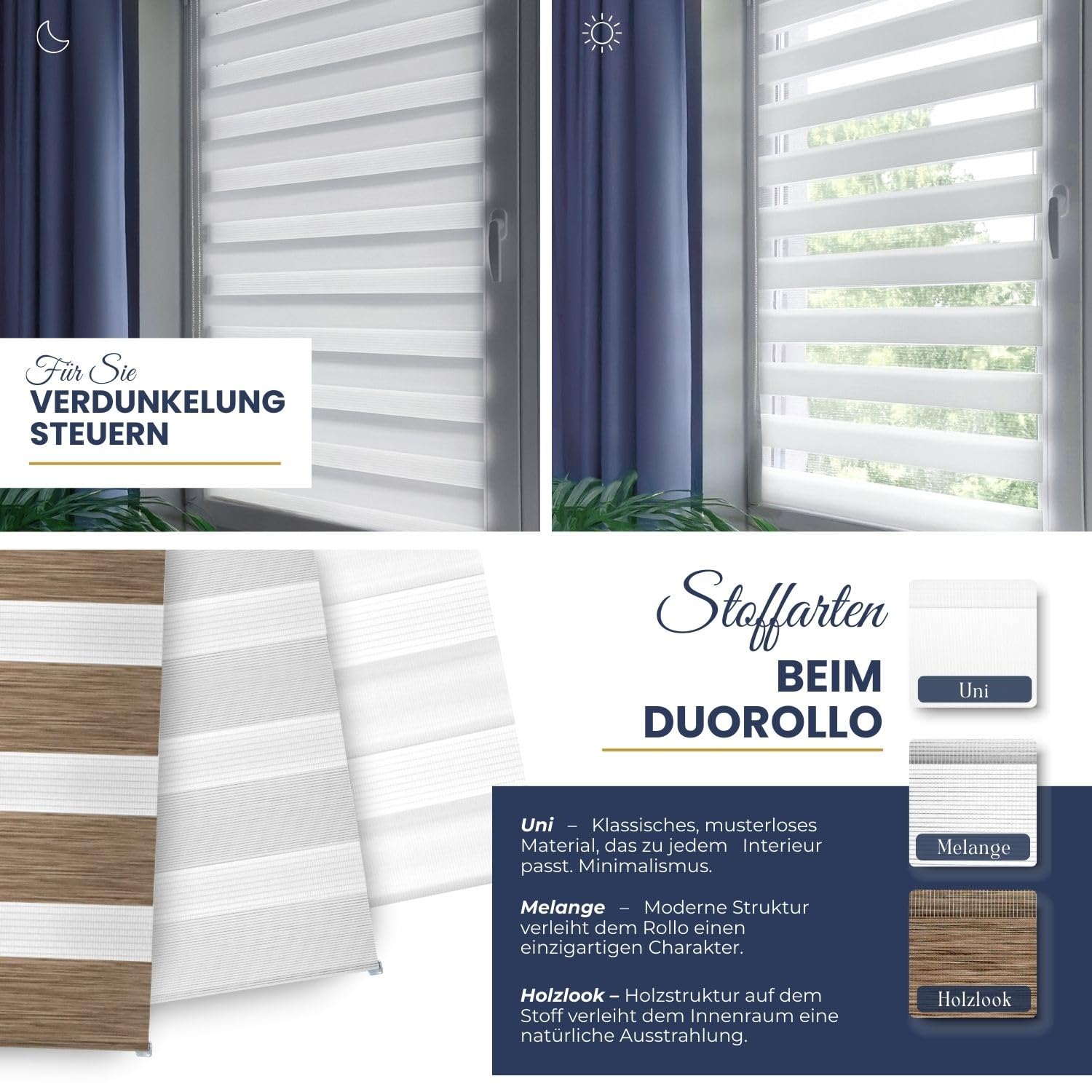Rollmayer Doppelrollo Klemmfix ohne Bohren Klemmrollo Fensterrollo (Holzlook Gold 120 x 130 cm BxH) Duo Rollo Sonnenschutzrollo Zebrarollo Seitenzugrollo für Fenster und Tür