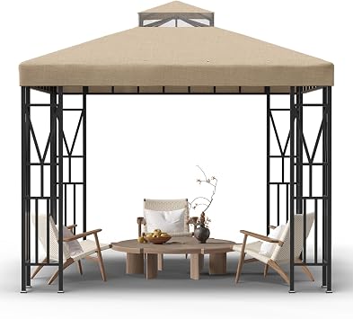10x10 FT Gazebo Canopy Top Replacement,Double Tiered Canopy Covers with Durable Polyester Fabric for Outdoor BBQ Roof Cover Khaki