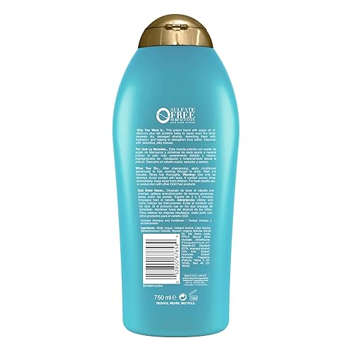Miniatura 8 de OGX Acondicionador extra fuerte para hidratar y reparar + aceite de argán de Marruecos para cabello seco y dañado, aceite de argán prensado en frío