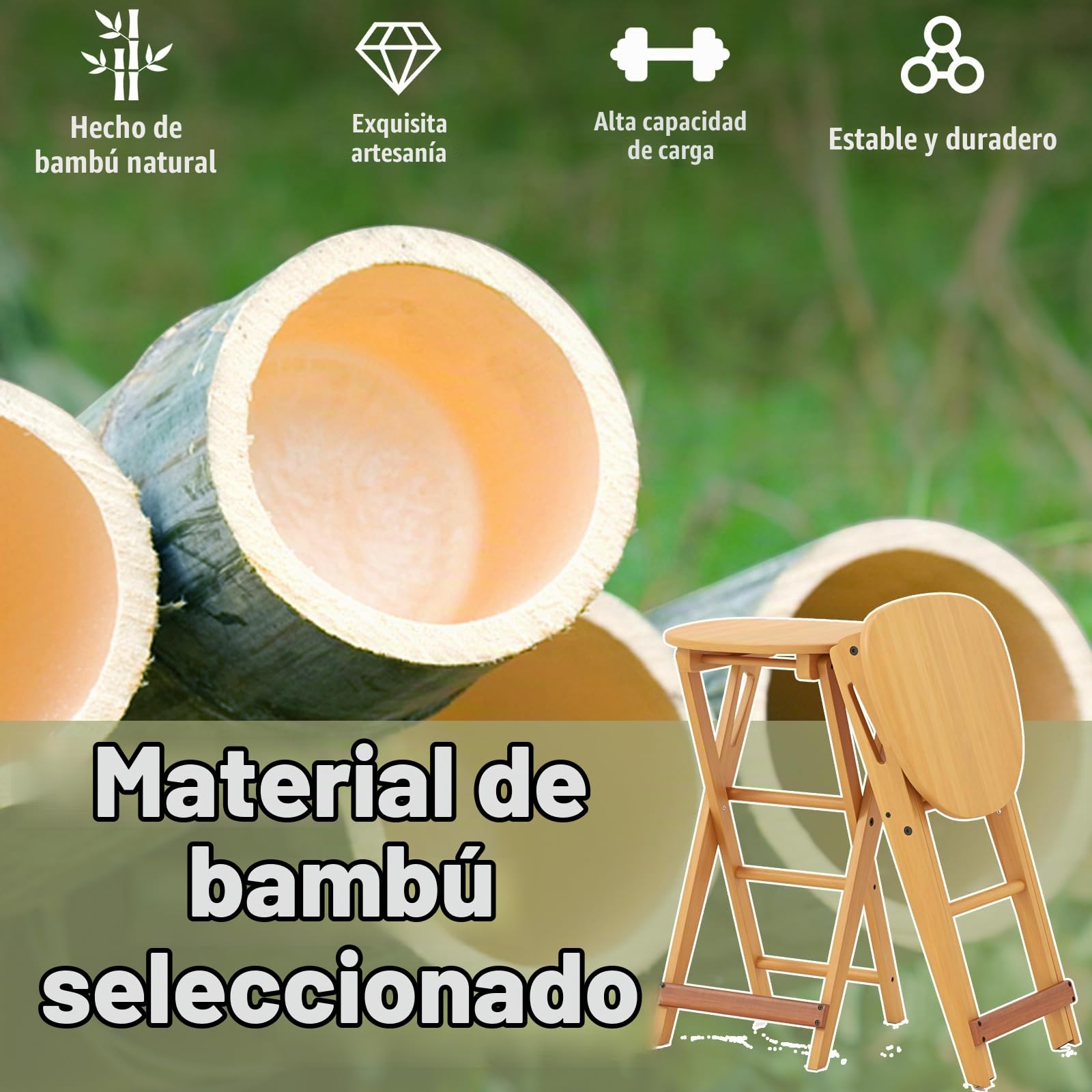 HOMASIS Juego de Taburetes de Bar Plegables, Taburetes de Cocina de Bambú, Taburete Alto con 3 Reposapiés, Silla de Comedor Portátil para Salón, Sin Instalación, Capacidad de Carga 150 kg (36x33x64cm)