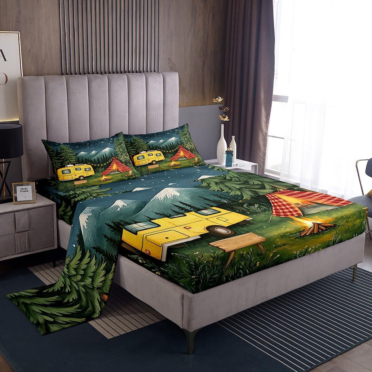 jejeloiu Happy Camping Bed Sheets Set Full Size Kids RV Camping Tree Fitted Sheet with Deep Pocket for Boys Girls Teens Car Tent Campfire Bedding Set Breathable Starry Night Sky Bedroom Decor