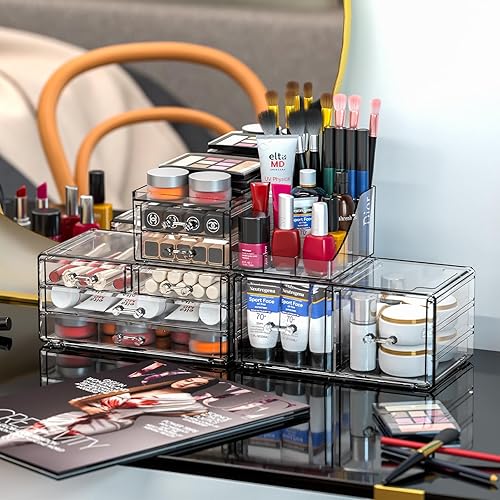 Miniatura 5 de Cq acrylic Paquete de 3 organizadores de maquillaje transparentes para encimera, organizador apilable de 8 cajones para el cuidado de la piel,