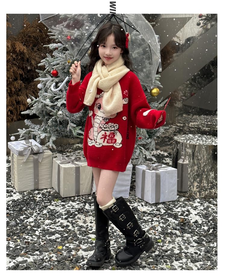 Chinese New Year 2025 snake year girl's sweater autumn winter red festive round neck top4