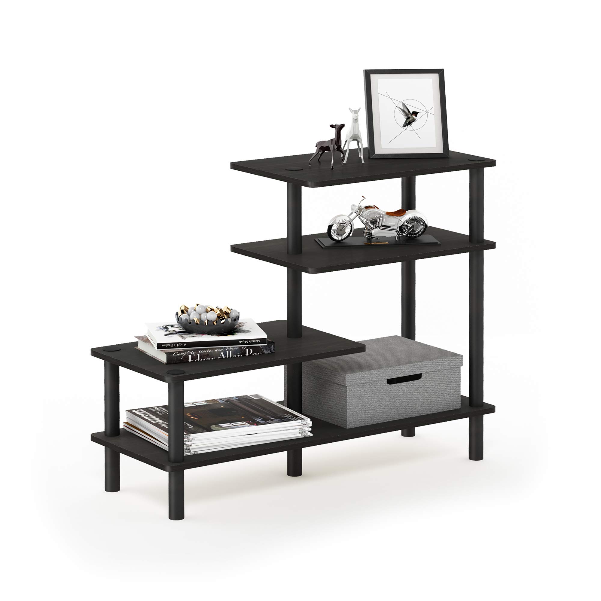 Furinno TURN-N-TUBE Storage Shelves, 4-Tier Ladder Book Shelf, Accent Display Shelf, Toolless Open Shelves, Round Tubes, for Organization and Storage, Living Room, Garage, Home Office, Espresso