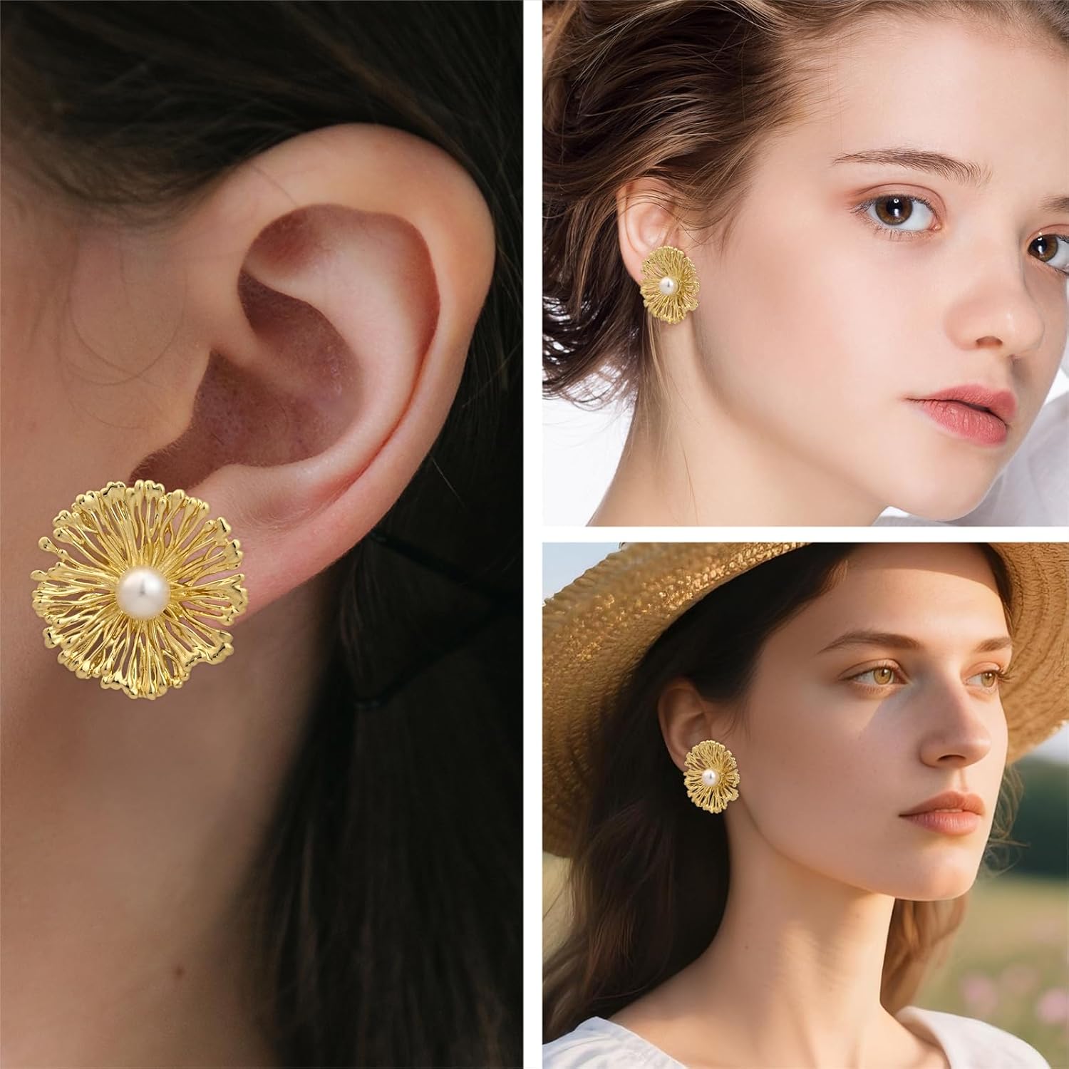 14K Gold Plated Flower Pearl Stud Earrings Floral Round Circle Plated Earrings for Women - Image 2