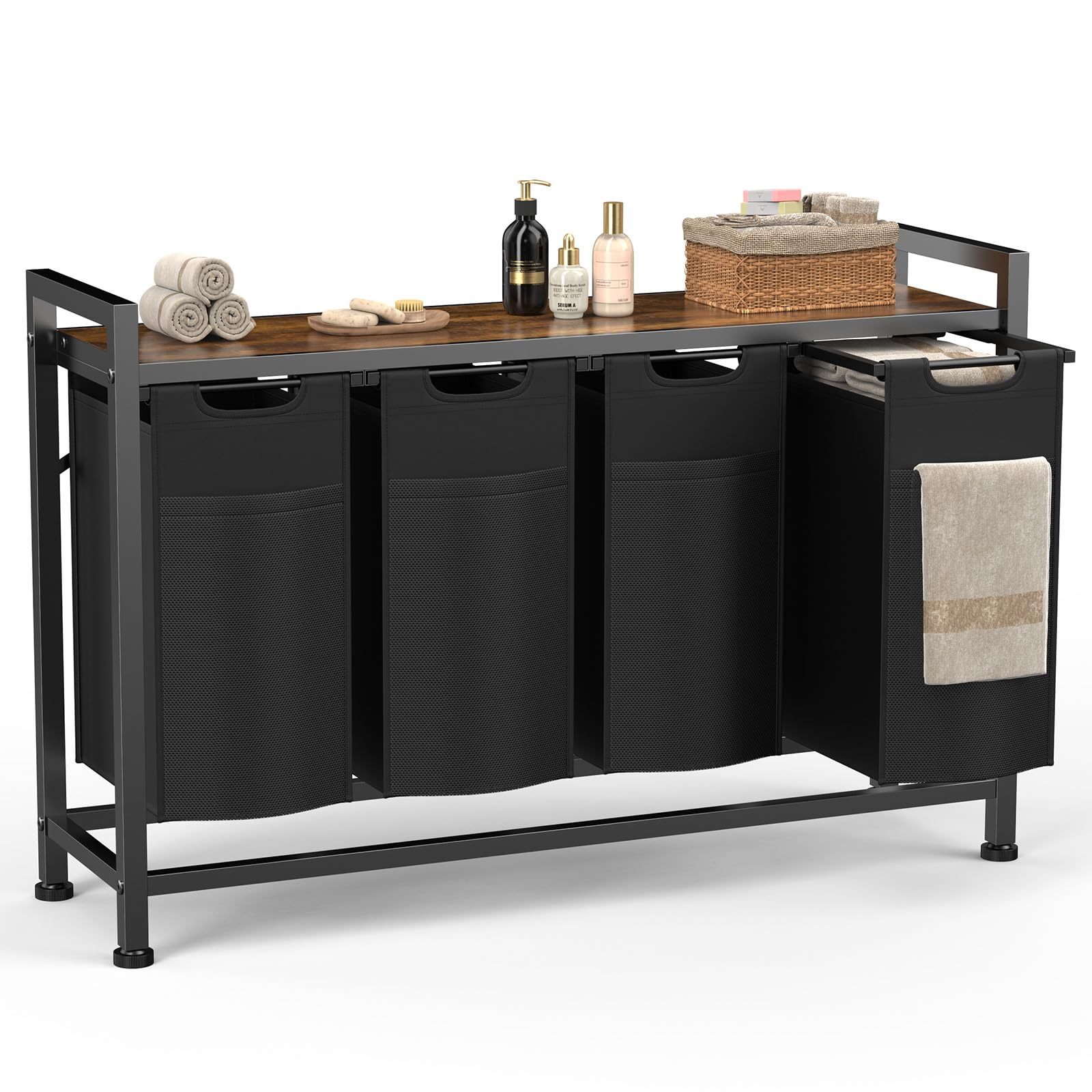 Sweetcrispy Wäschesammler mit Rollen, Wäschekorb 4 Fächer, 160 L, mit Ablage, 4 abnehmbare Wäschesäcke, Familien-Wäschesortierer für Waschküche/Bad, Schwarz