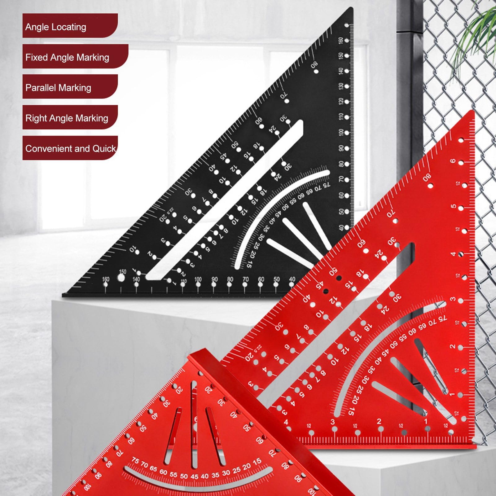 90 Degree Rafter Square Protractor:Aluminum Alloy Triangle Ruler for Woodworking,Multi Angle Measuring and Marking Tool(7 Inch) (Red)