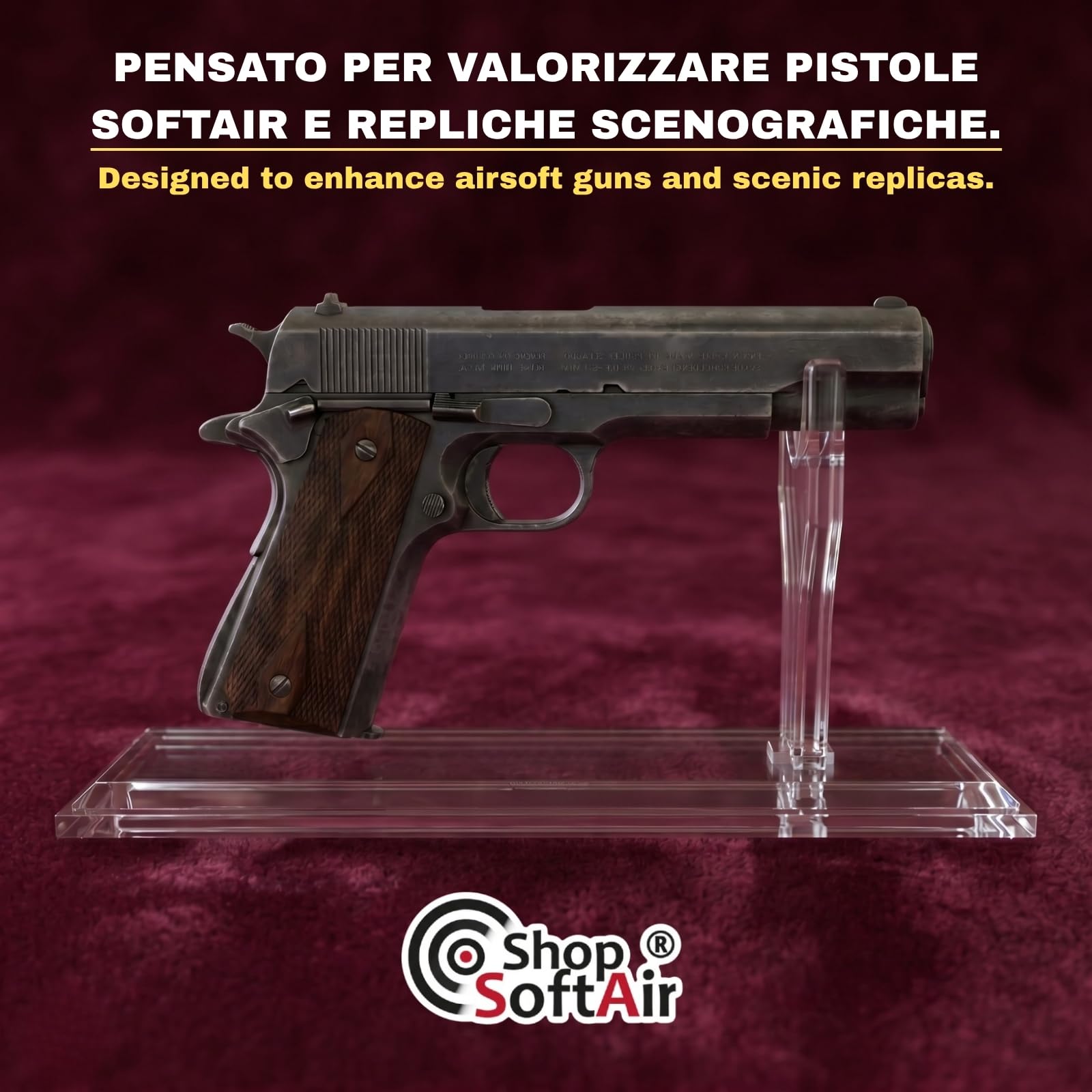 Espositore per Pistole in Plastica Trasparente, con Supporto per Calcio e Canna, Base 220x65 mm