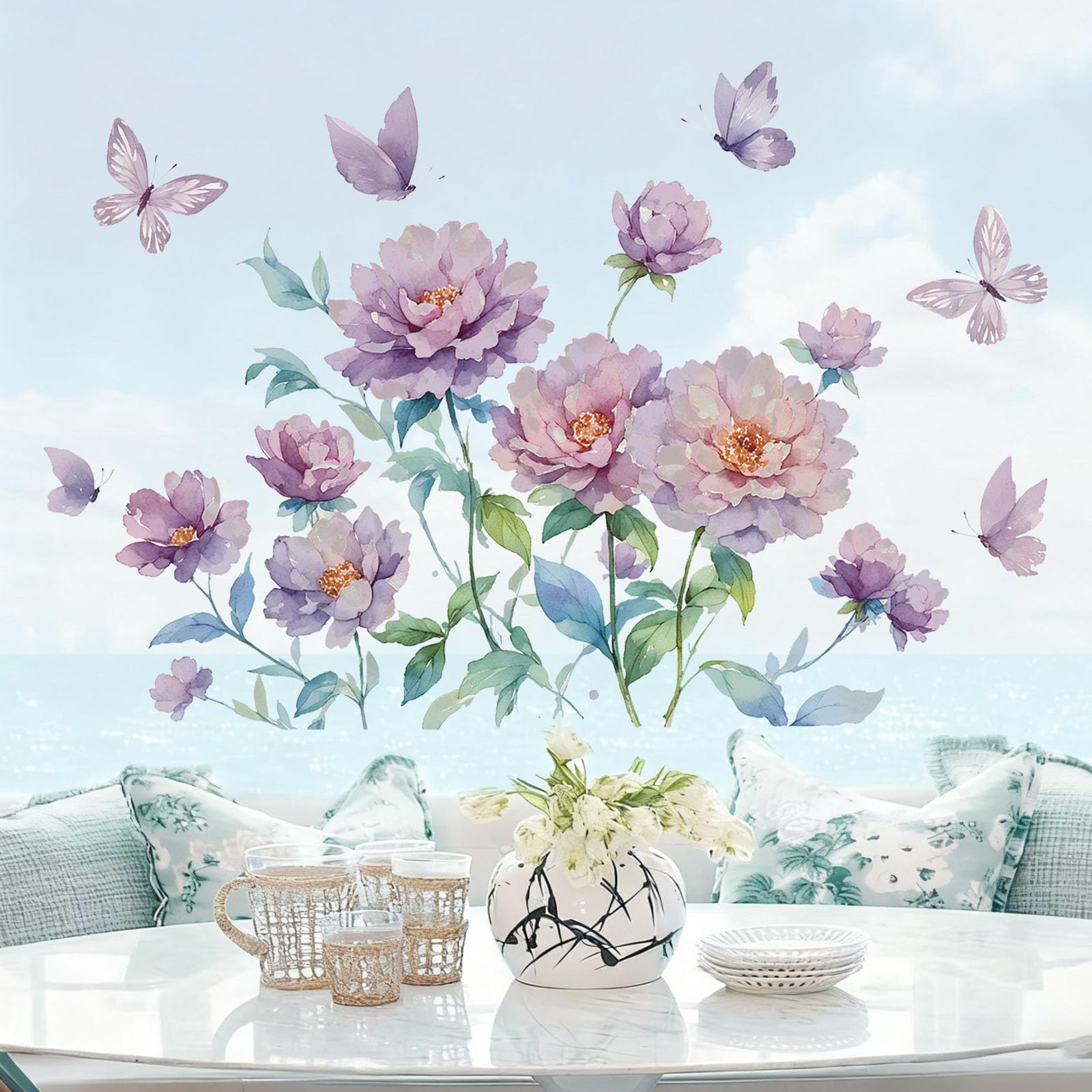 KAIRNE Blumen Lila Wandsticker Schmetterling Pfingstrosen Blüten Wandaufkleber Aquarell Blumen Groß Wandtattoos für Wohnzimmer Schlafzimmer Lila Wandsticker für Kinderzimmer Mädchen