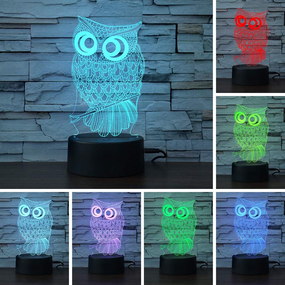 i-CHONY Owl Gift Night Light for Kids,3D Illusion Lamp 7 Colors Auto Changing Touch Table Lamp Bedroom Decorations Bedside Lamp - Owl Gifts for Kids Boys Girls Teens Women Xmas Gifts