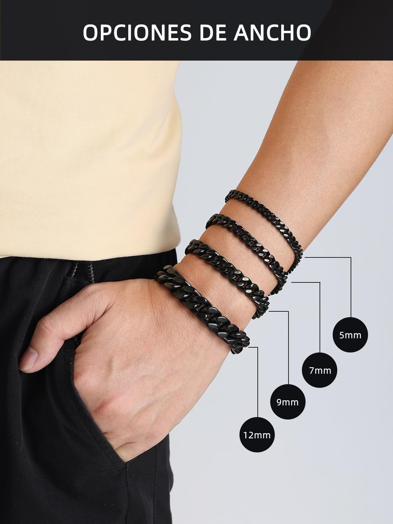 Bestyle Pulseras Cadena Cubano Miami 12mm Ancho Pulsera Cadena Cubana Acero Inoxidable 21cm Largo Pulseras Cubano de Cadena Pulsera Cubano de Miami Negro Pulseras Cadena Cubana Miami