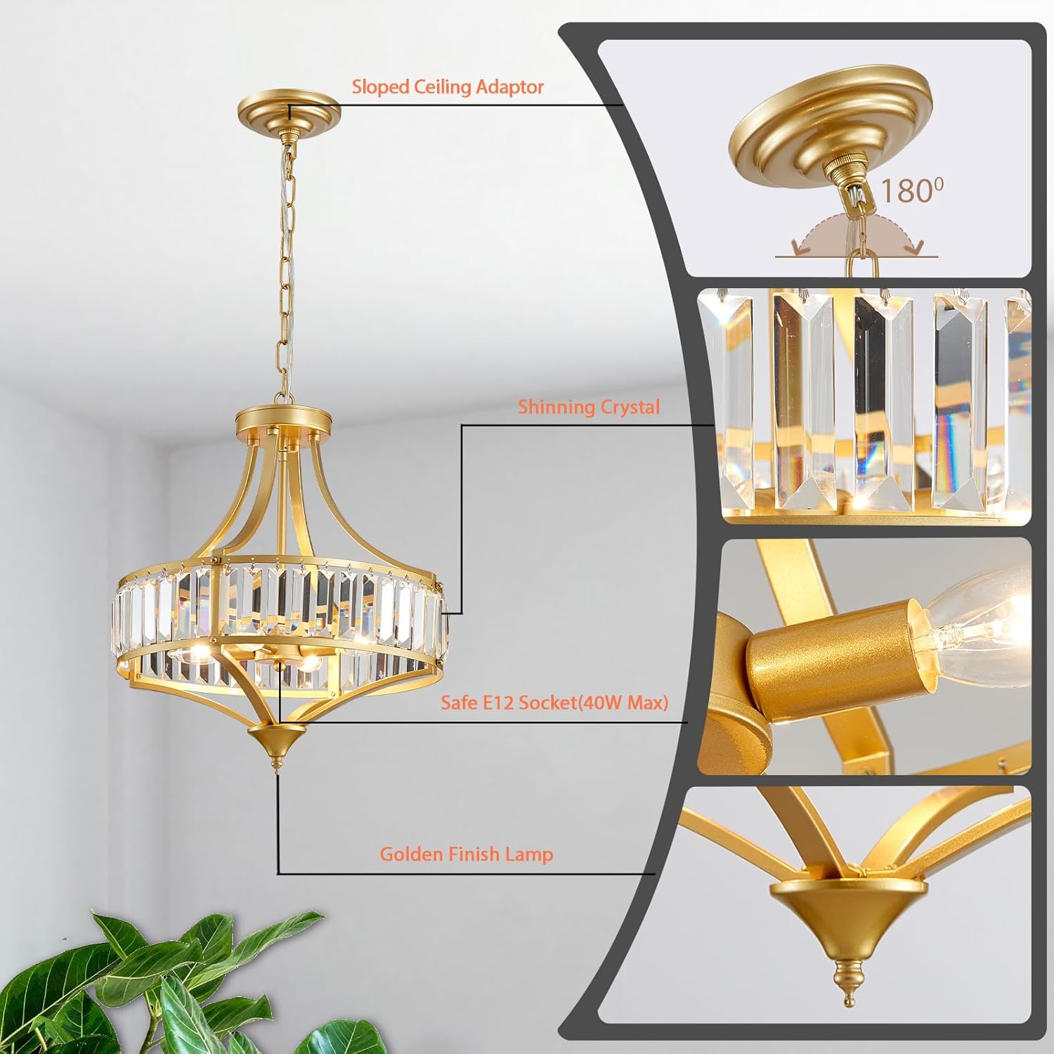 Gold Chandeliers for Dining Room Modern Round Crystal 4 Lights Rustic Pendant Lighting Fixture with Metal Lampshade for Living Room Hallway Bedroom Foyer