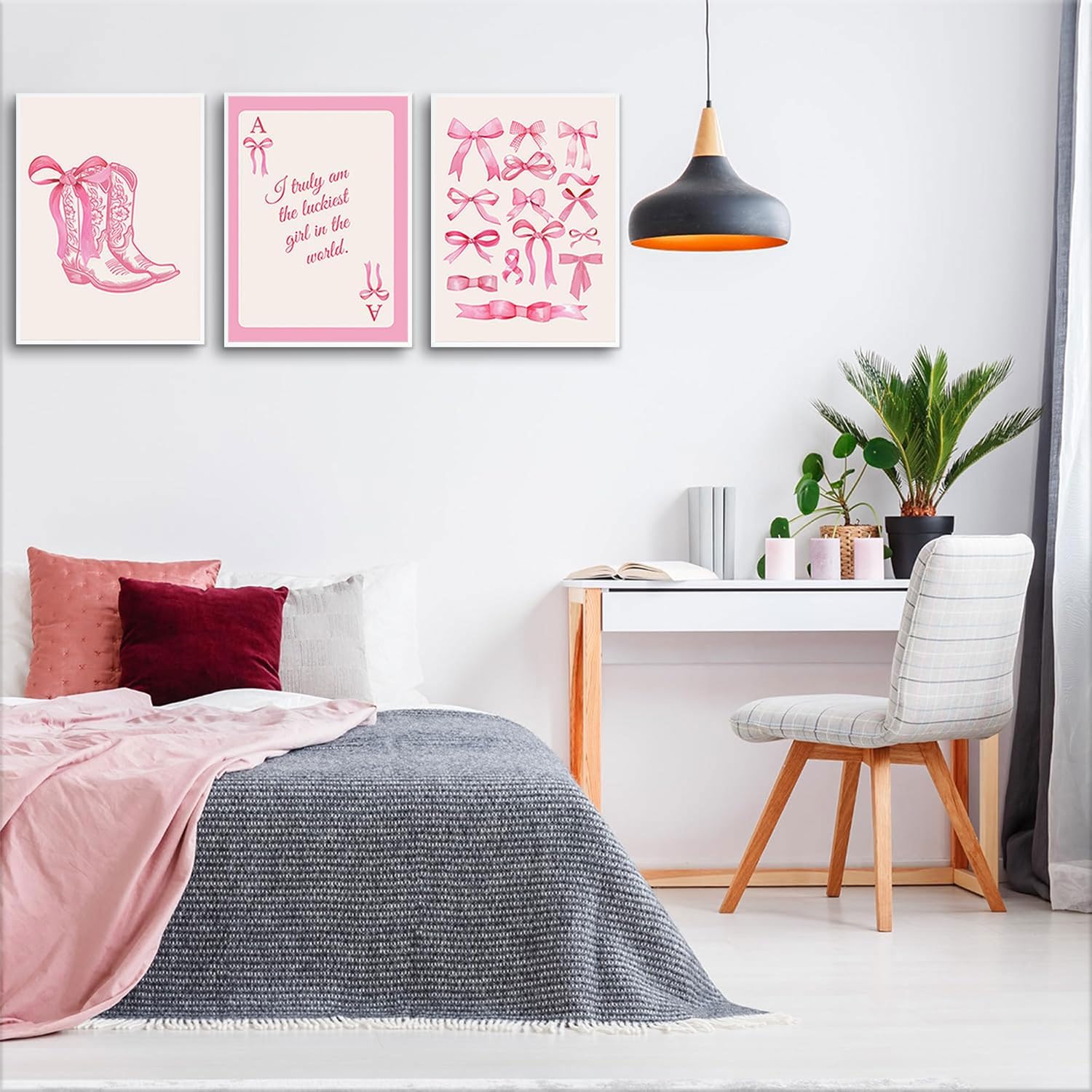 3pcs Fashion Pink Bow Wall Art Coquette Preppy Wall Decor Pink Cowboy Boots Painting Picture Lucky Girl Poker Canvas Poster Prints for Girls Dormitory College Apartment Home Decor 12x16in Unframed